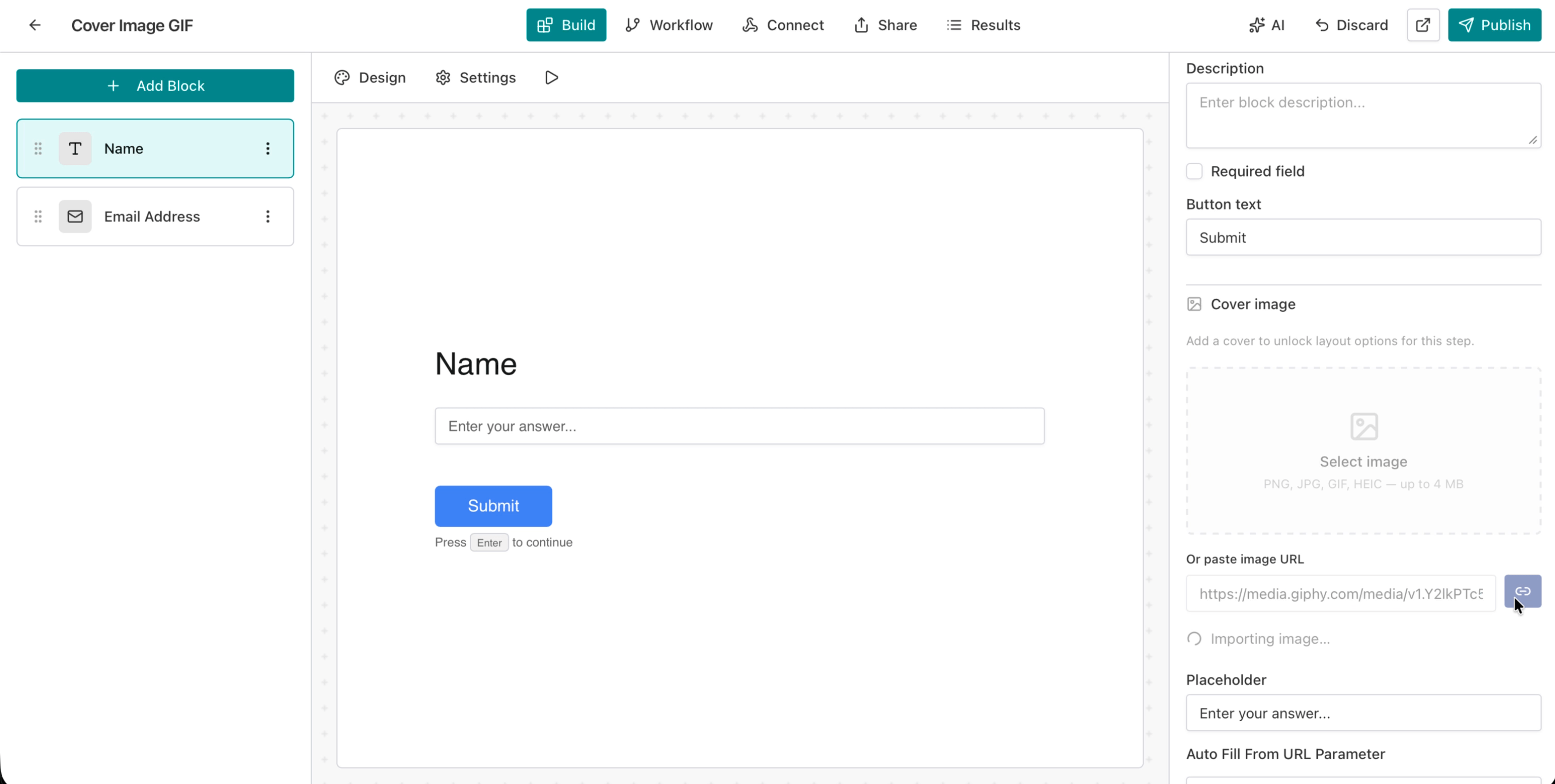 AntForms form editor with Name block selected showing the Cover Image section with Select Image upload area and URL input field in the right panel