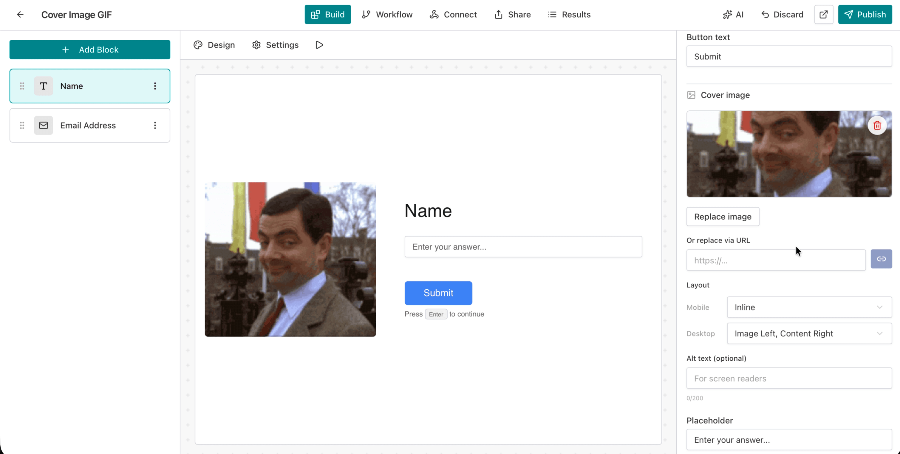 AntForms form editor with cover image displayed inline above the Name input field and green Cover is ready confirmation in the right panel