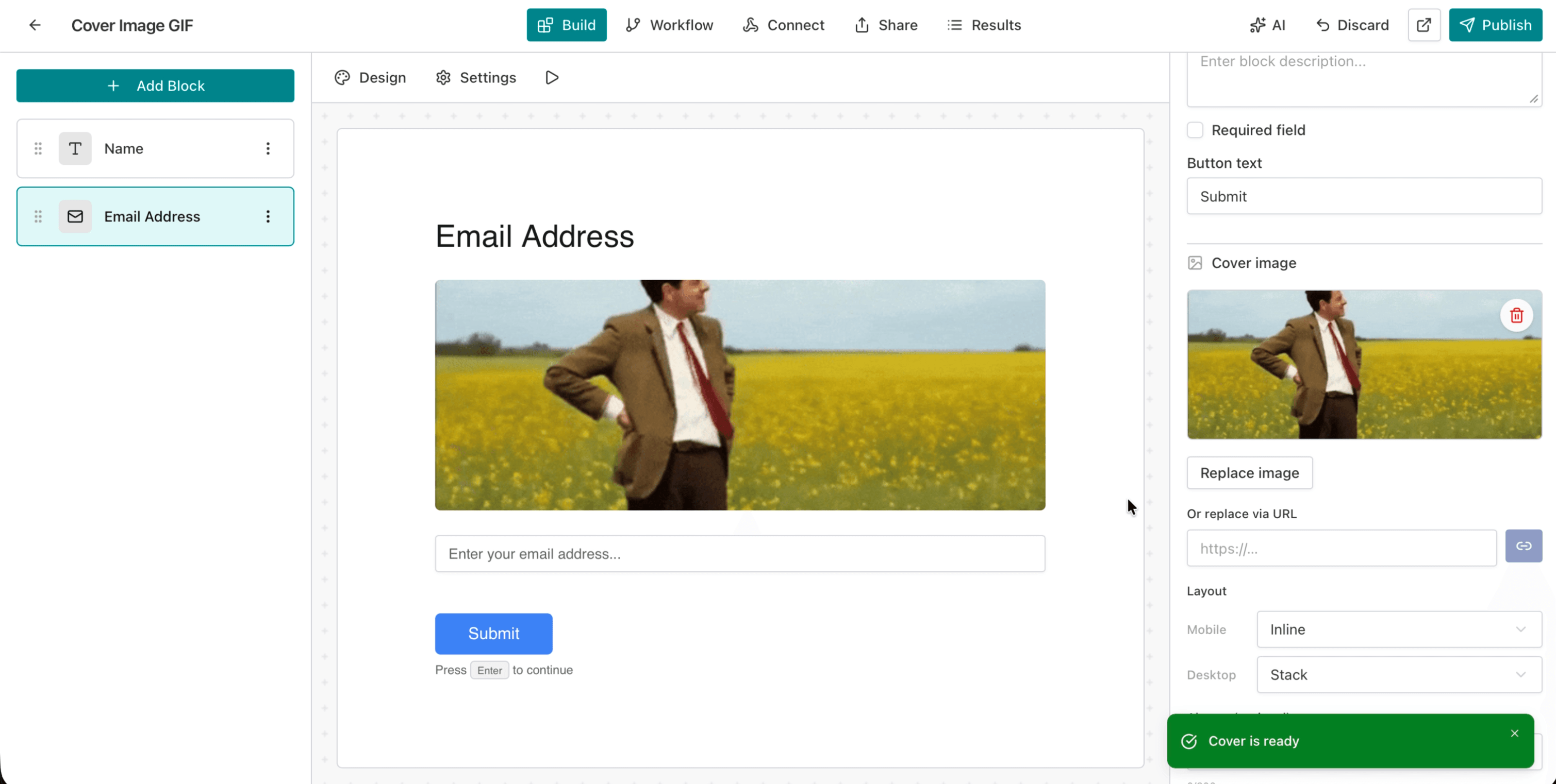 AntForms form editor with Email Address block selected showing a different cover image than the Name block and Cover is ready confirmation