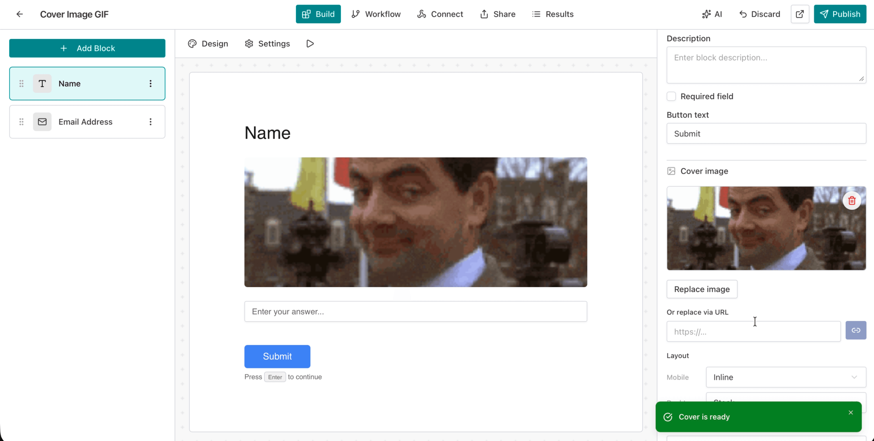 AntForms form editor showing Processing indicator in the Cover Image section after pasting an image URL