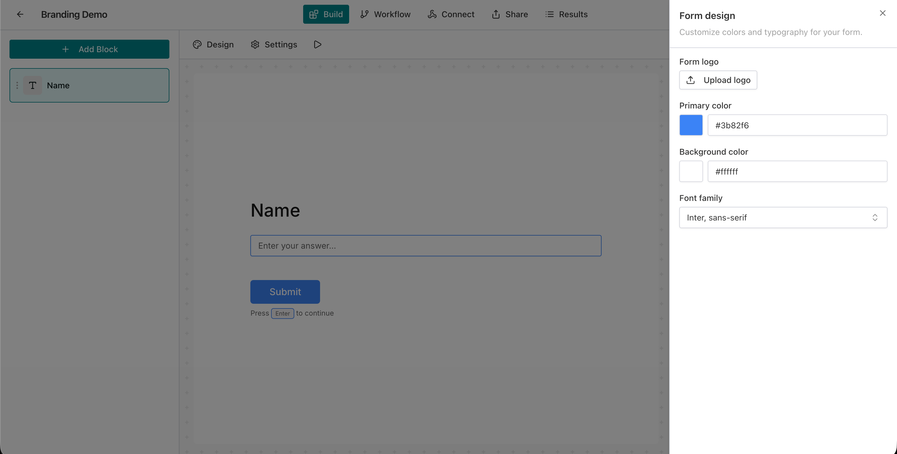 AntForms Design panel with color, font, and logo settings
