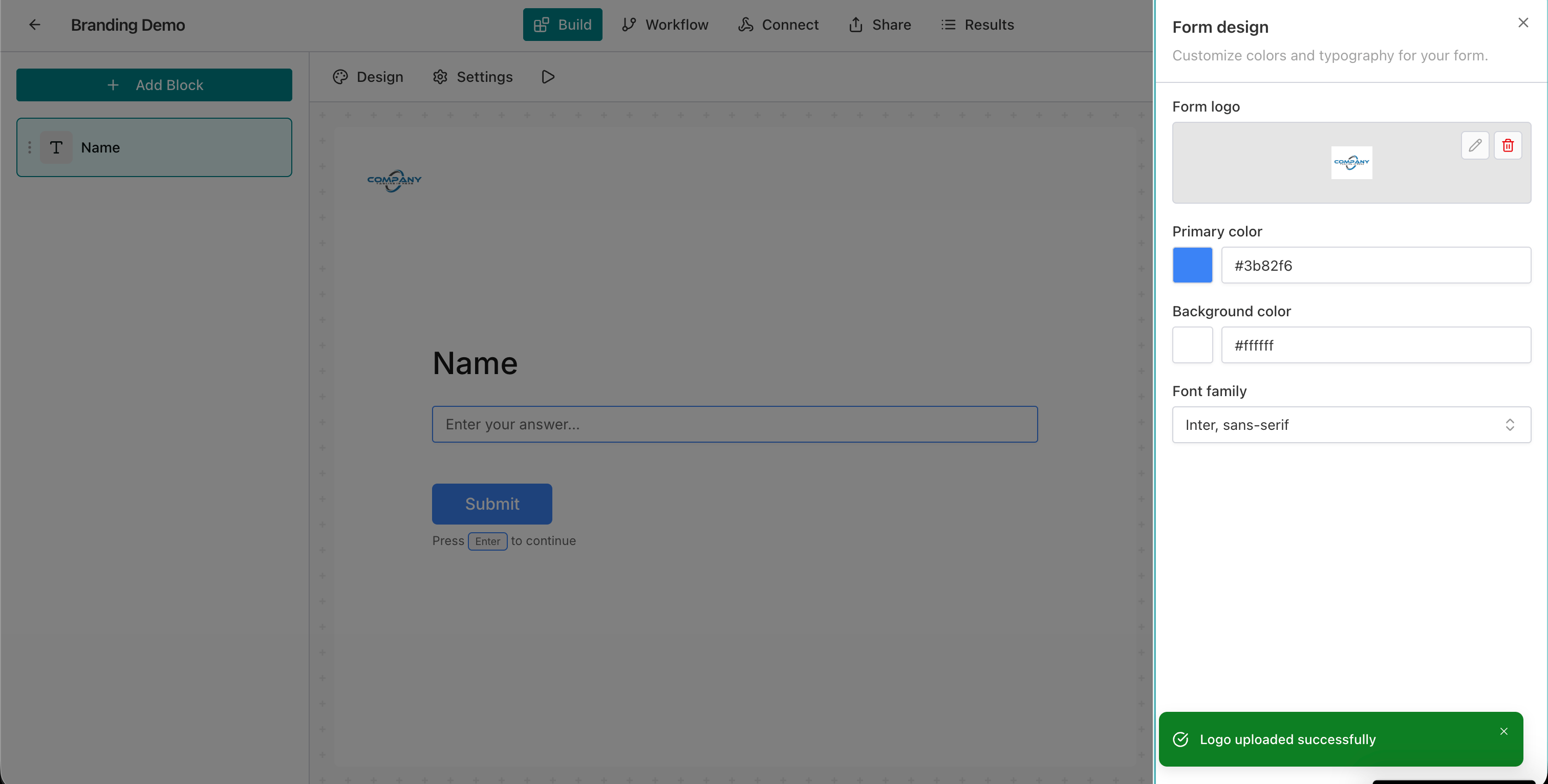 Logo uploaded with confirmation toast