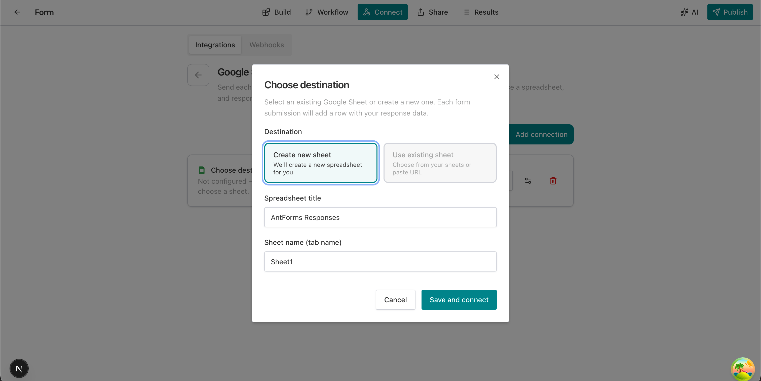 Choose destination modal: create new sheet or use existing, with spreadsheet title and sheet name