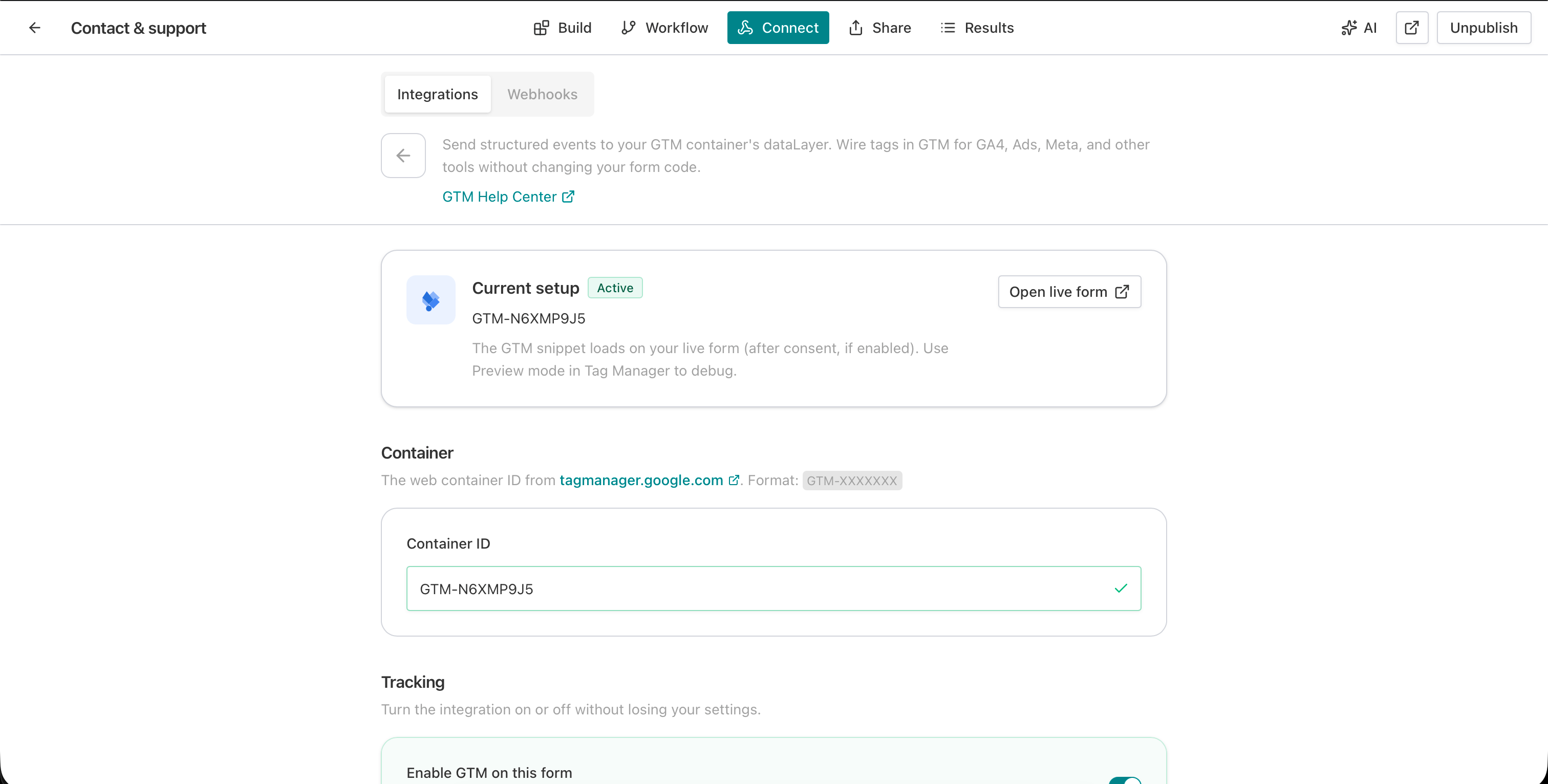 AntForms GTM active connection showing container ID GTM-N6XMP9J5 validated with checkmark, Active status badge, and Open live form link