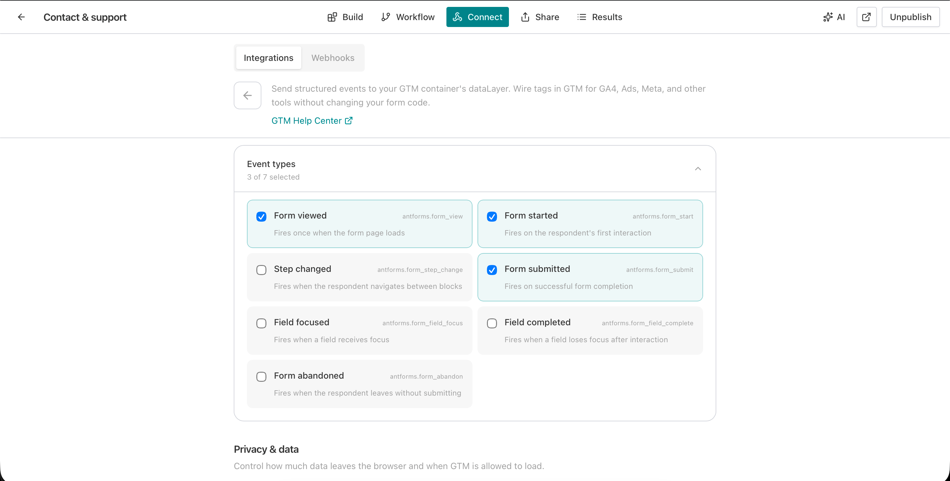 AntForms event types grid showing 7 events: Form viewed, Form started, Step changed, Form submitted, Field focused, Field completed, Form abandoned
