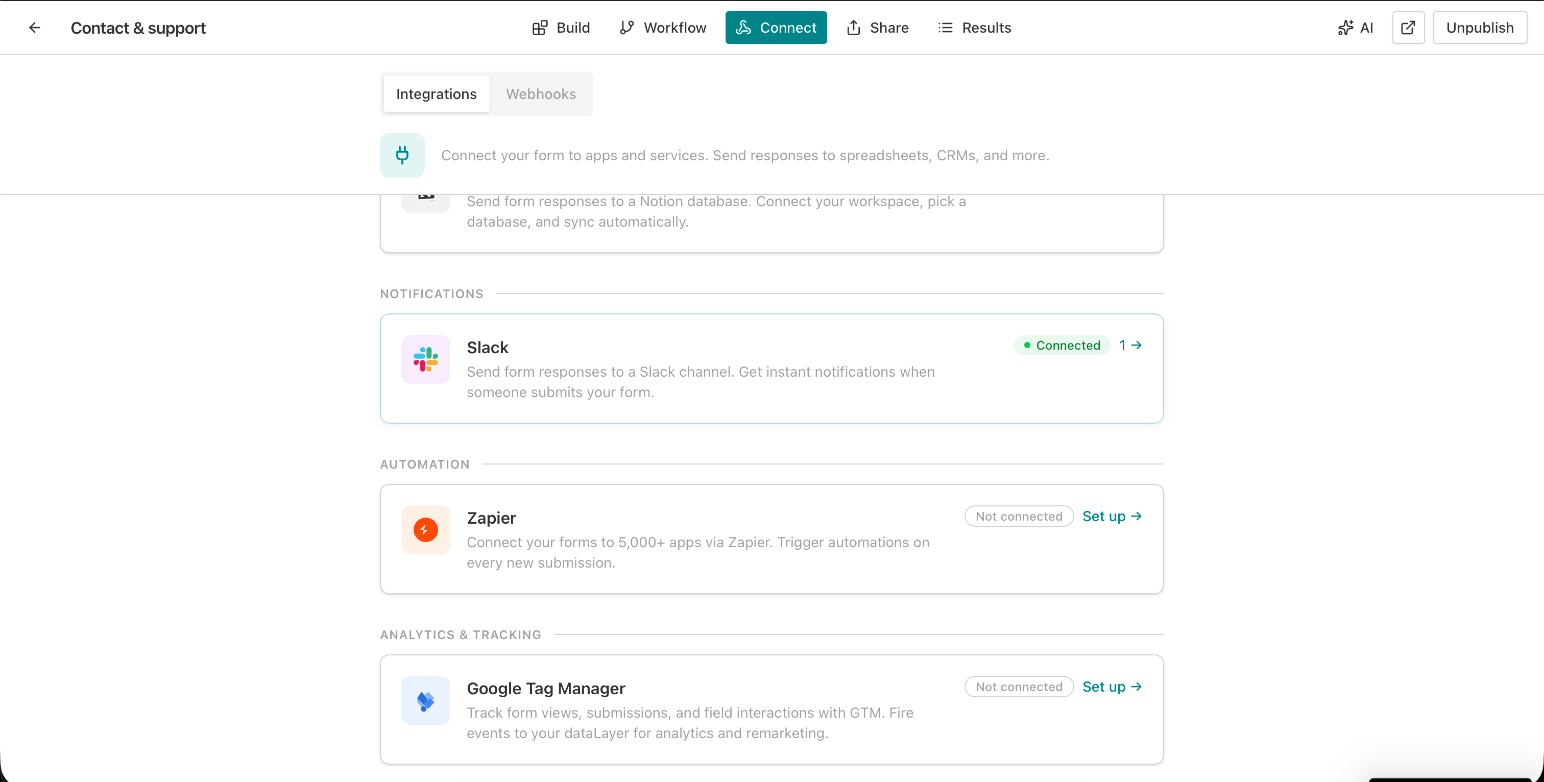 AntForms integrations list showing Google Tag Manager under Analytics & Tracking with Set up button