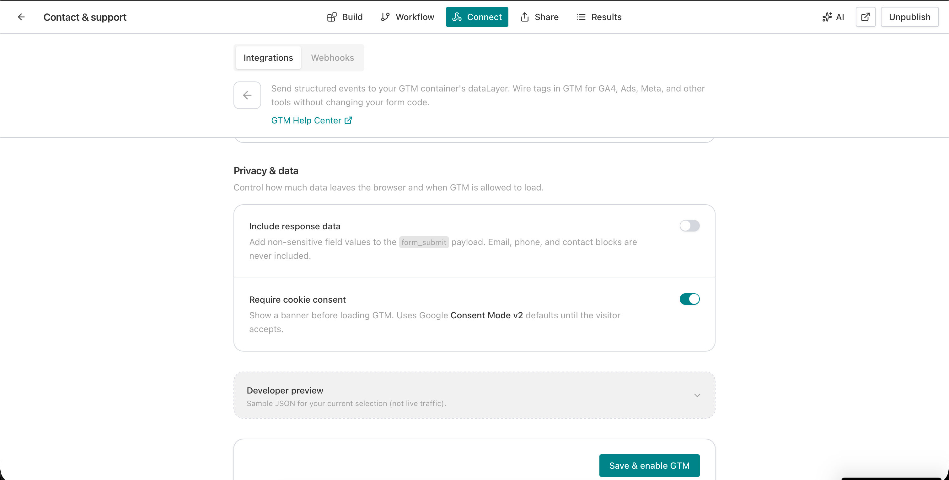 AntForms Privacy & data section showing Include response data toggle, Require cookie consent toggle with Consent Mode v2 mention, Developer preview section, and Save & enable GTM button