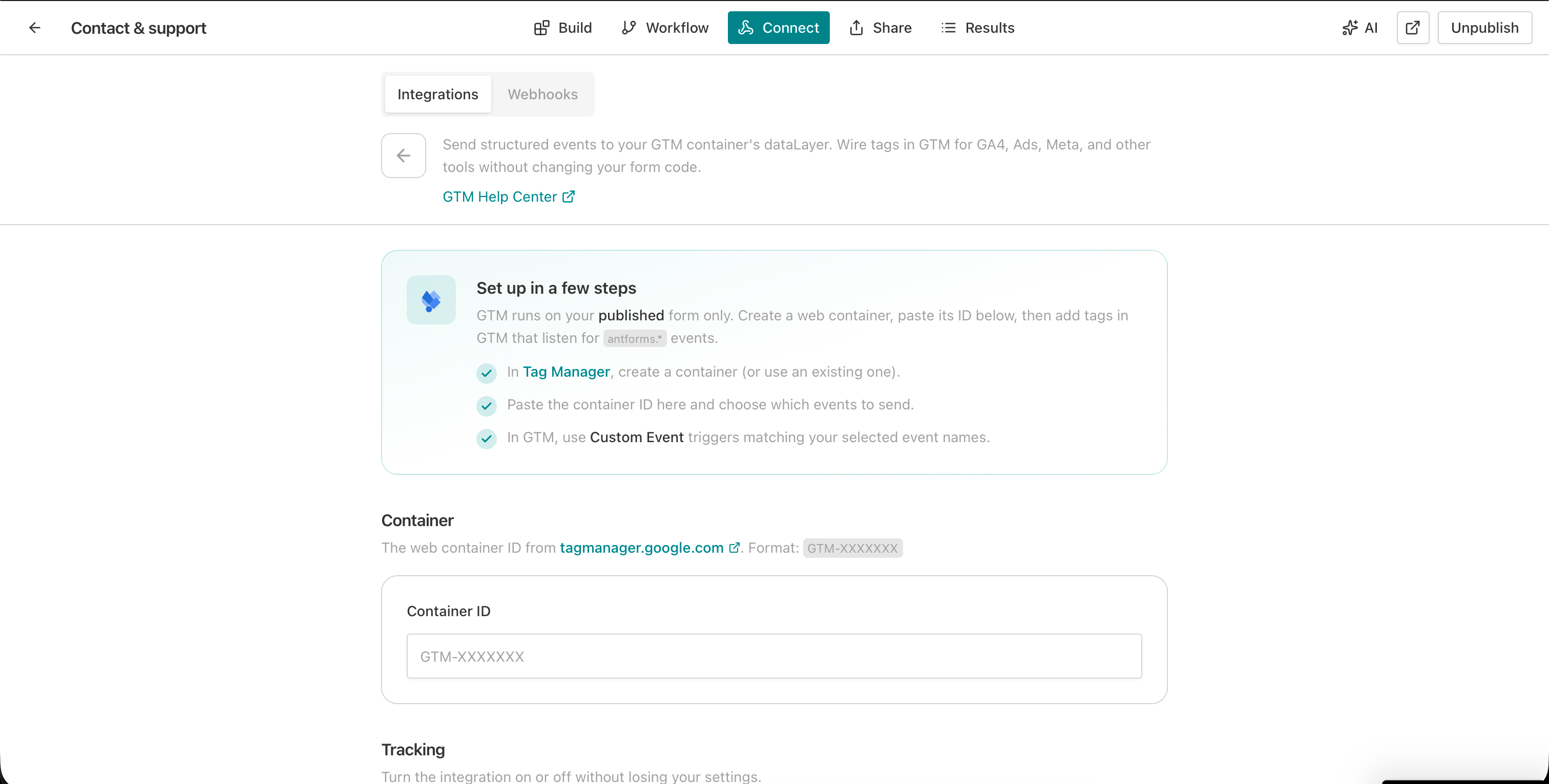 AntForms GTM setup page showing 3-step instructions, Container ID input field, and Tracking section