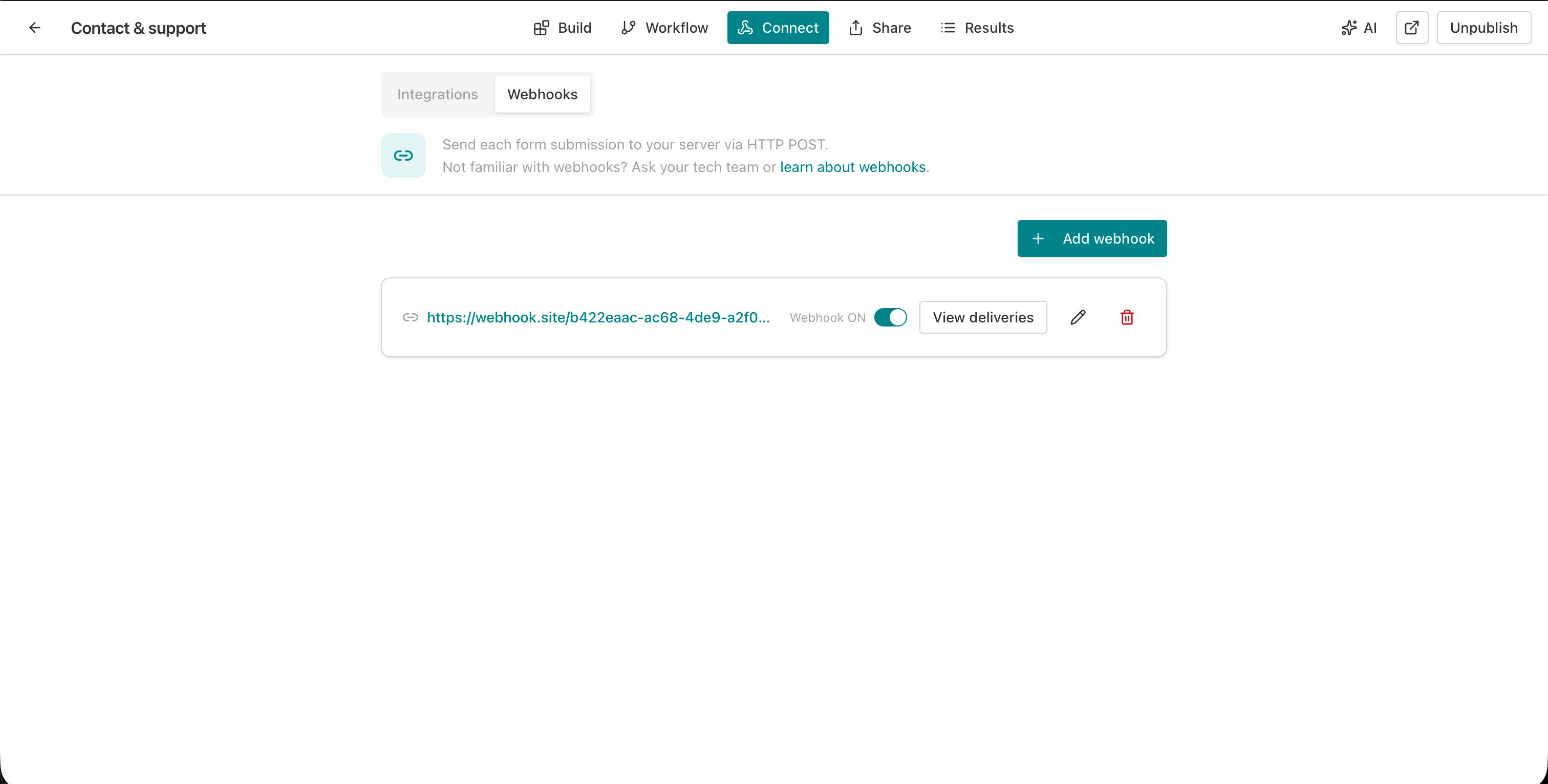AntForms Connect tab showing Integrations and Webhooks sub-tabs