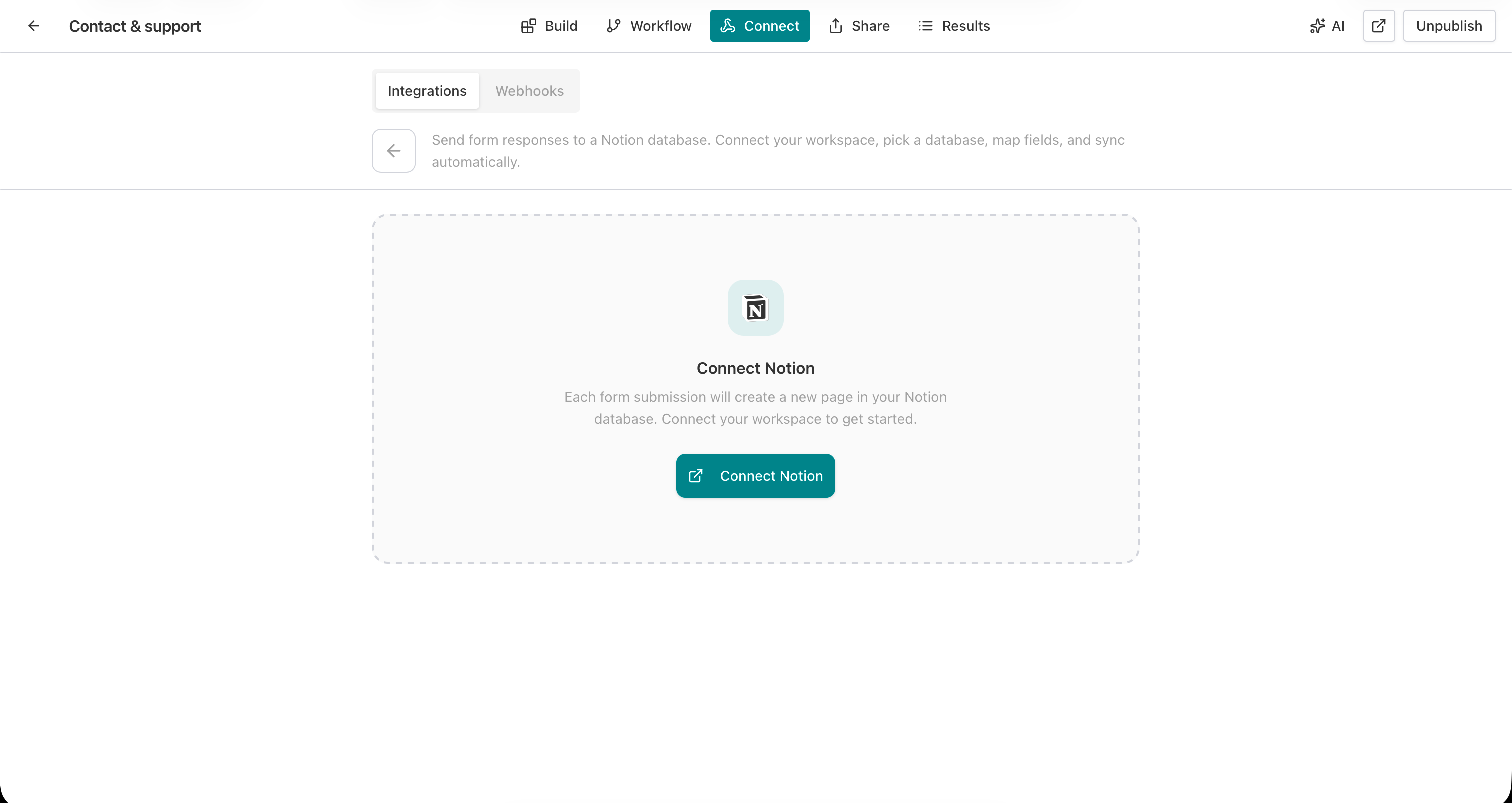 AntForms Notion detail page with Connect Notion button and description explaining that each submission creates a new page