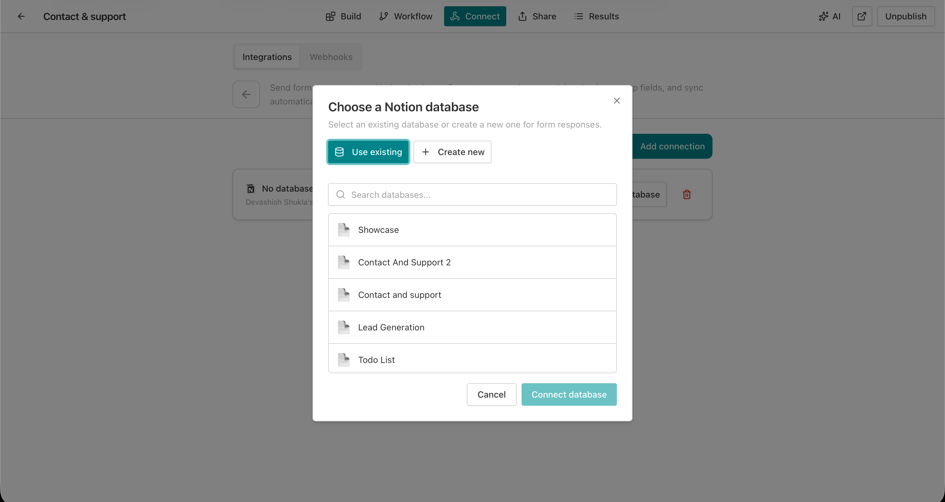 AntForms database picker modal showing Use existing and Create new tabs with a searchable list of Notion databases