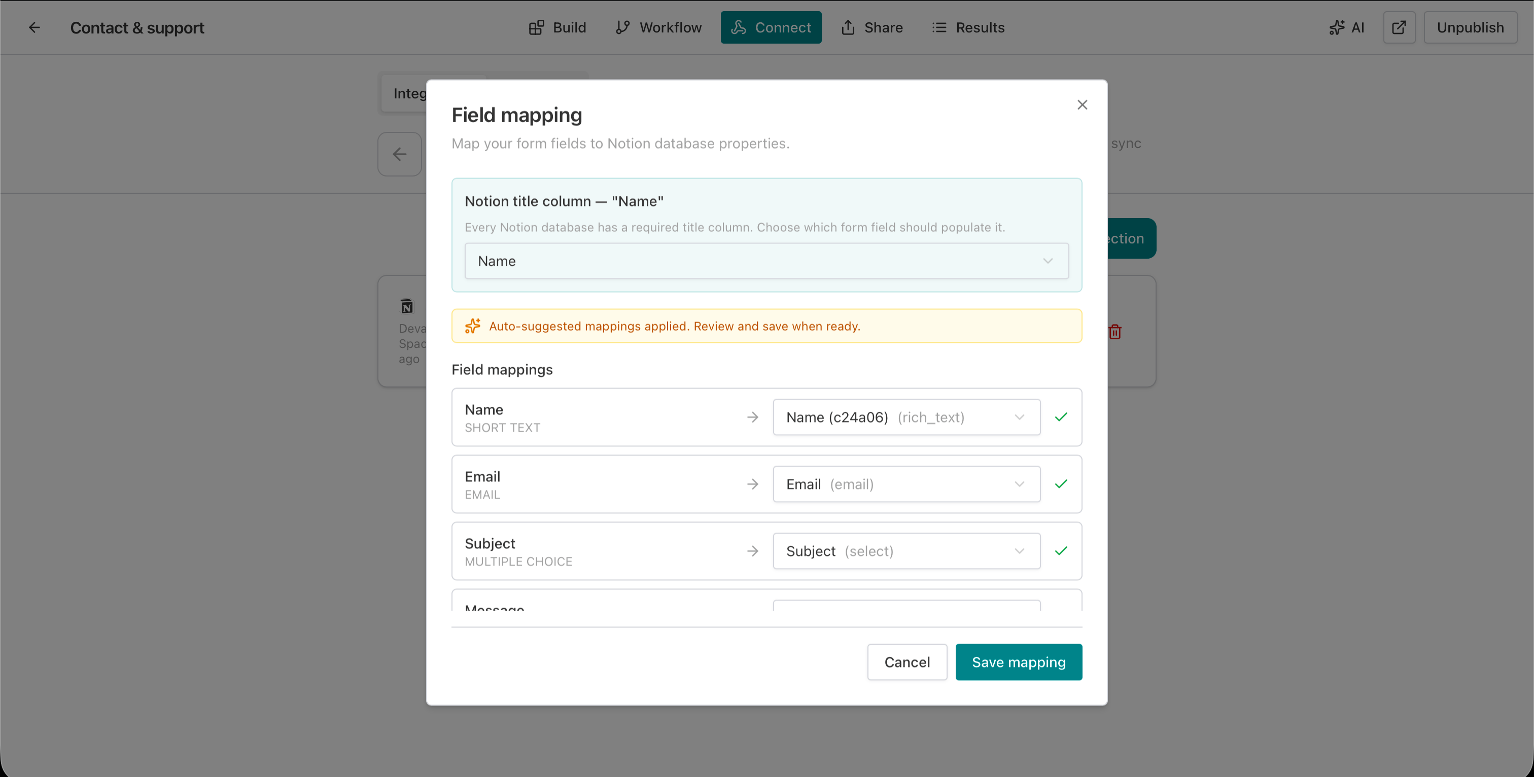 AntForms field mapping modal showing Notion title column set to Name, with auto-suggested mappings for Name, Email, and Subject fields