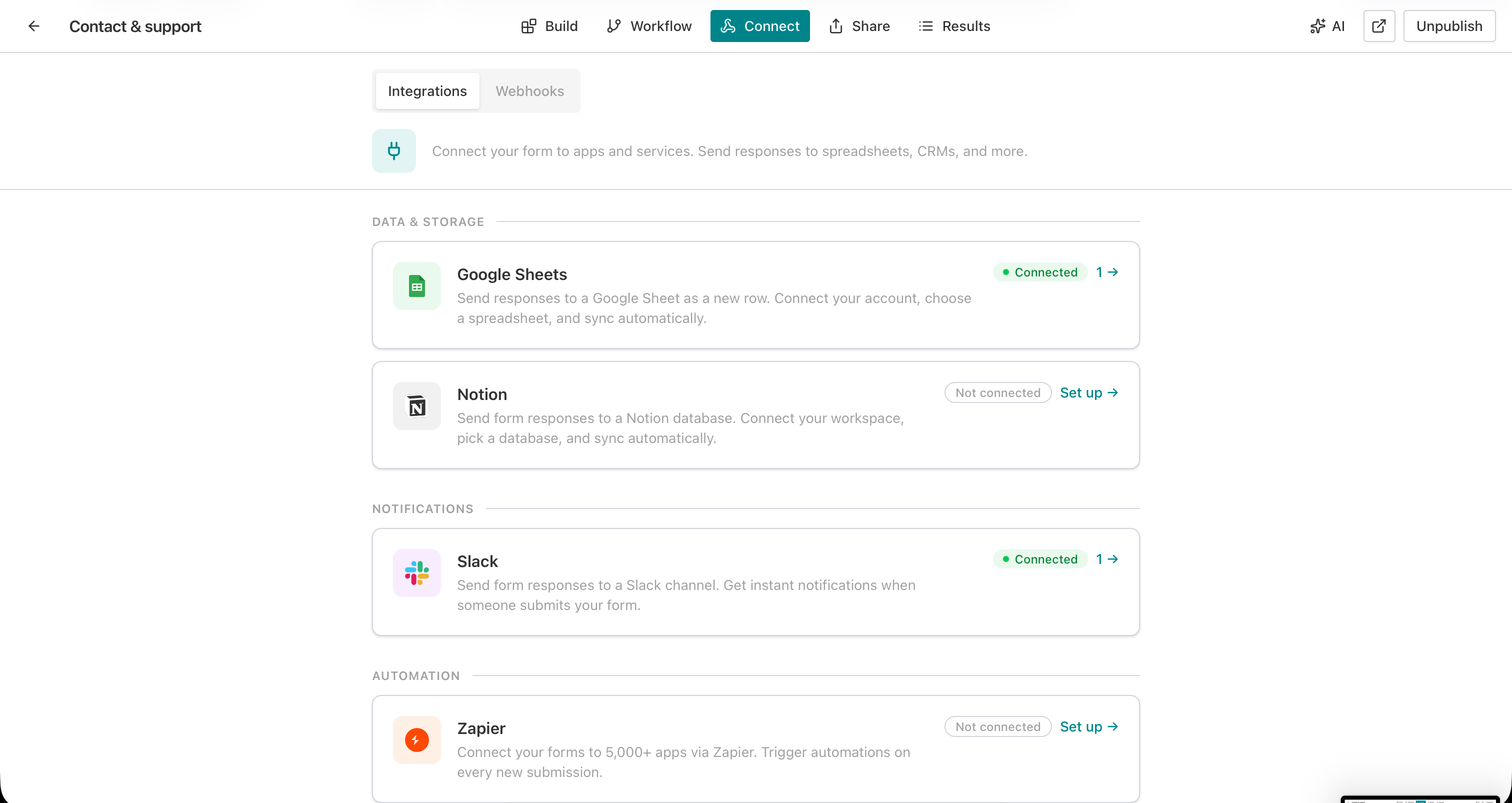 AntForms integrations list showing Notion under Data & Storage alongside Google Sheets, Slack, and Zapier