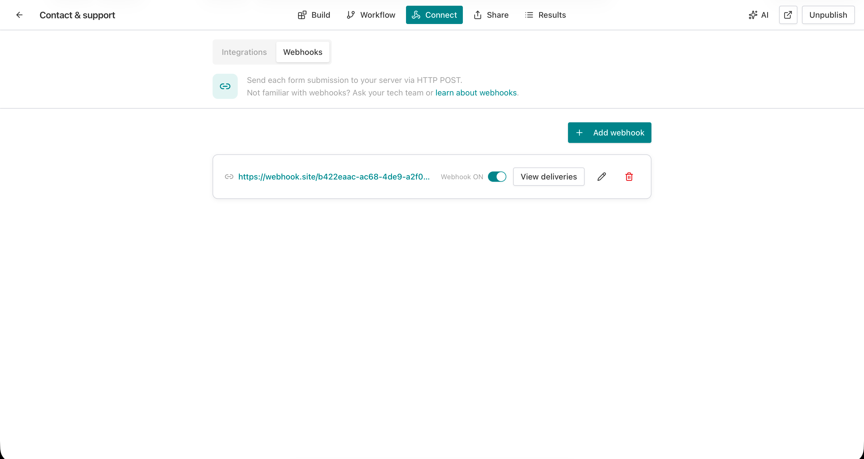 AntForms Connect tab showing Integrations and Webhooks sub-tabs