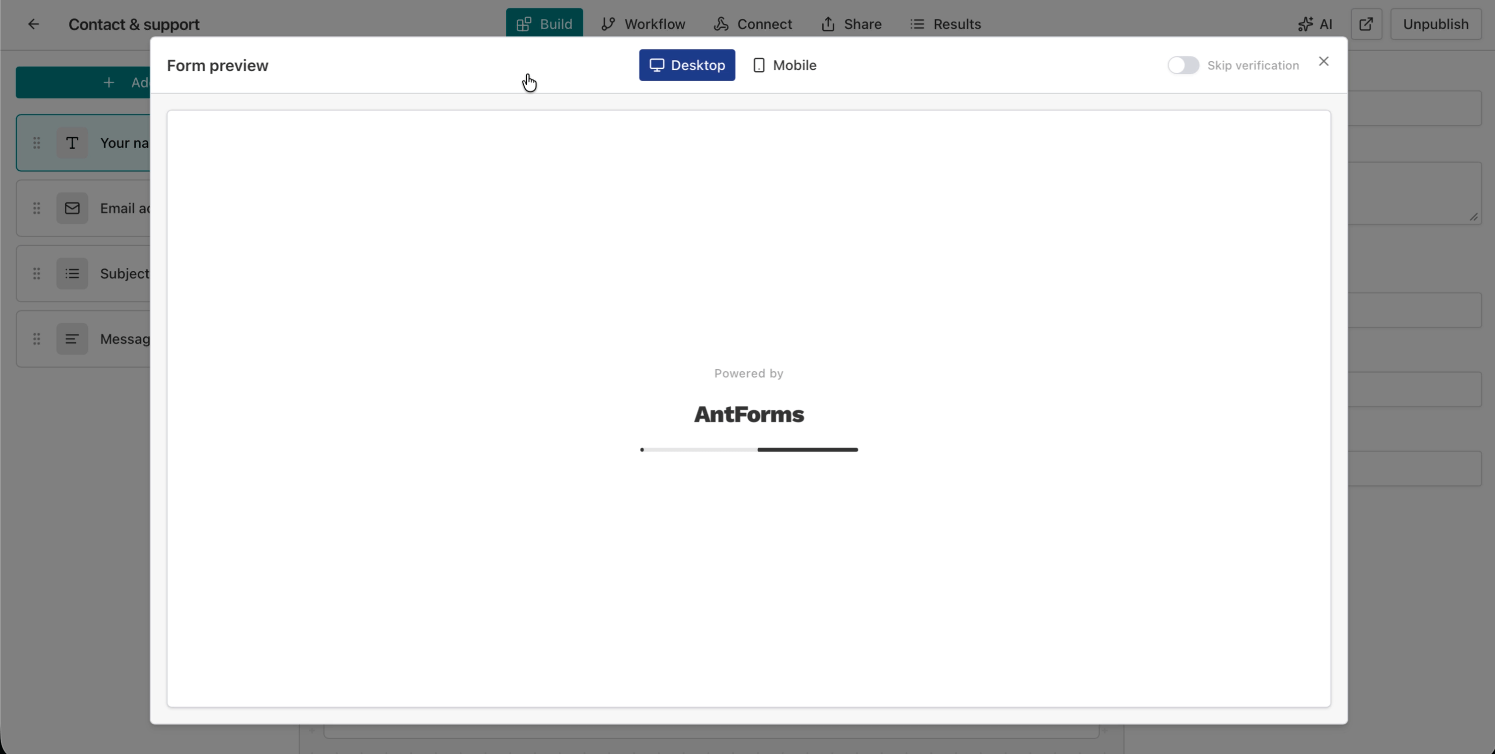 AntForms form builder showing Contact and support form with Name block selected in the center preview and block details in the right panel