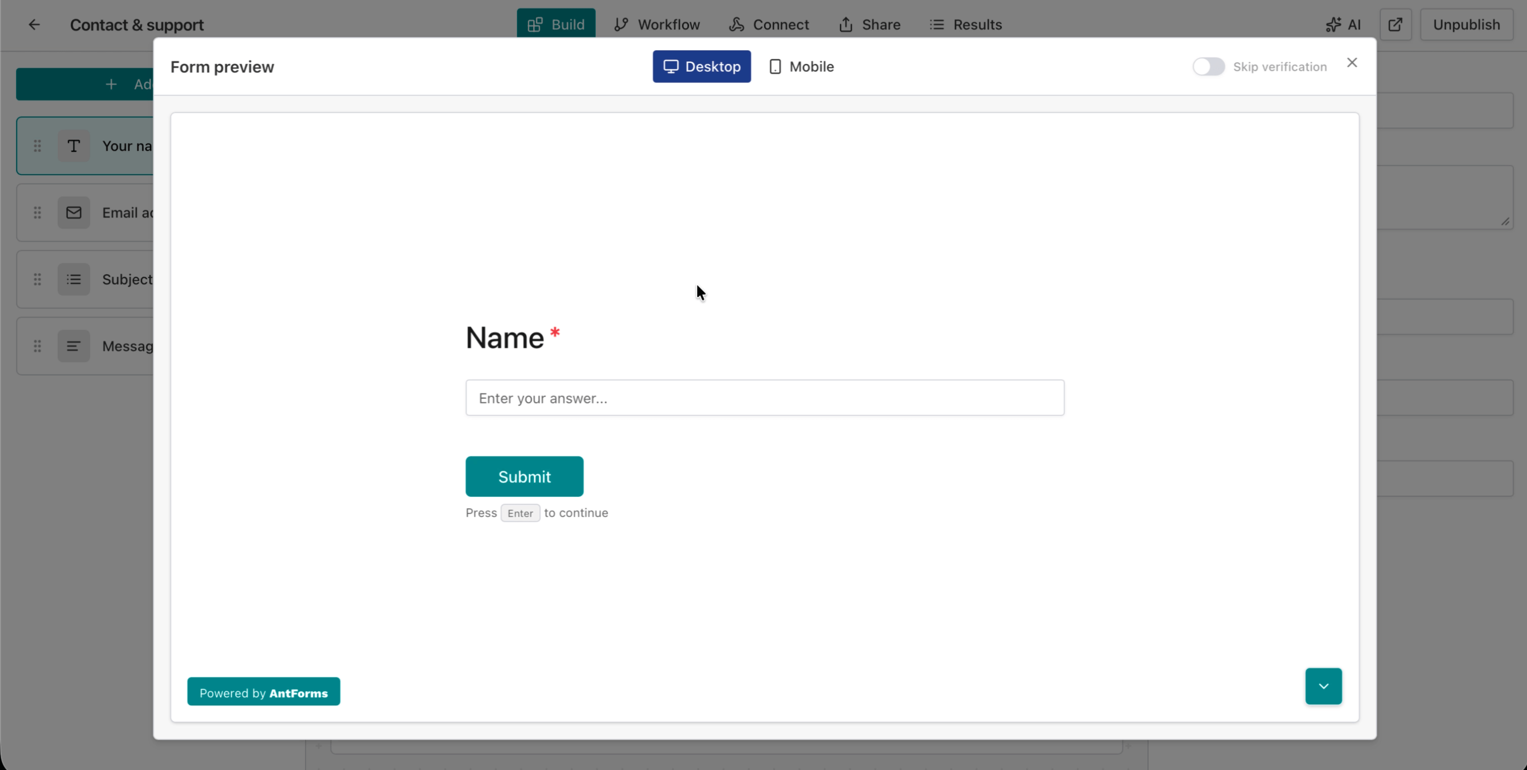 AntForms Form preview modal in Desktop mode showing the Name field with Submit button and Powered by AntForms badge