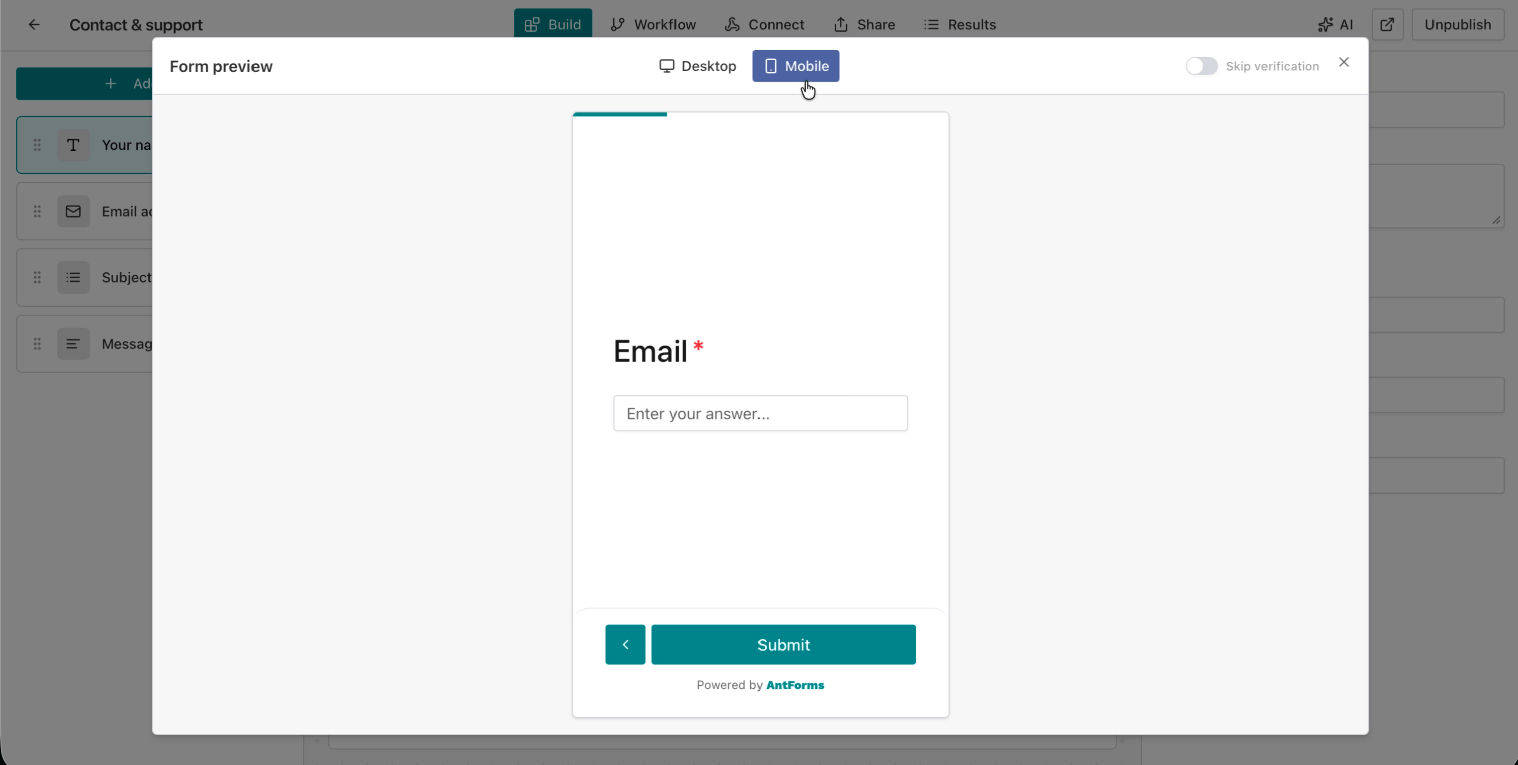 AntForms Form preview showing the thank-you page with Powered by AntForms branding after completing all form blocks