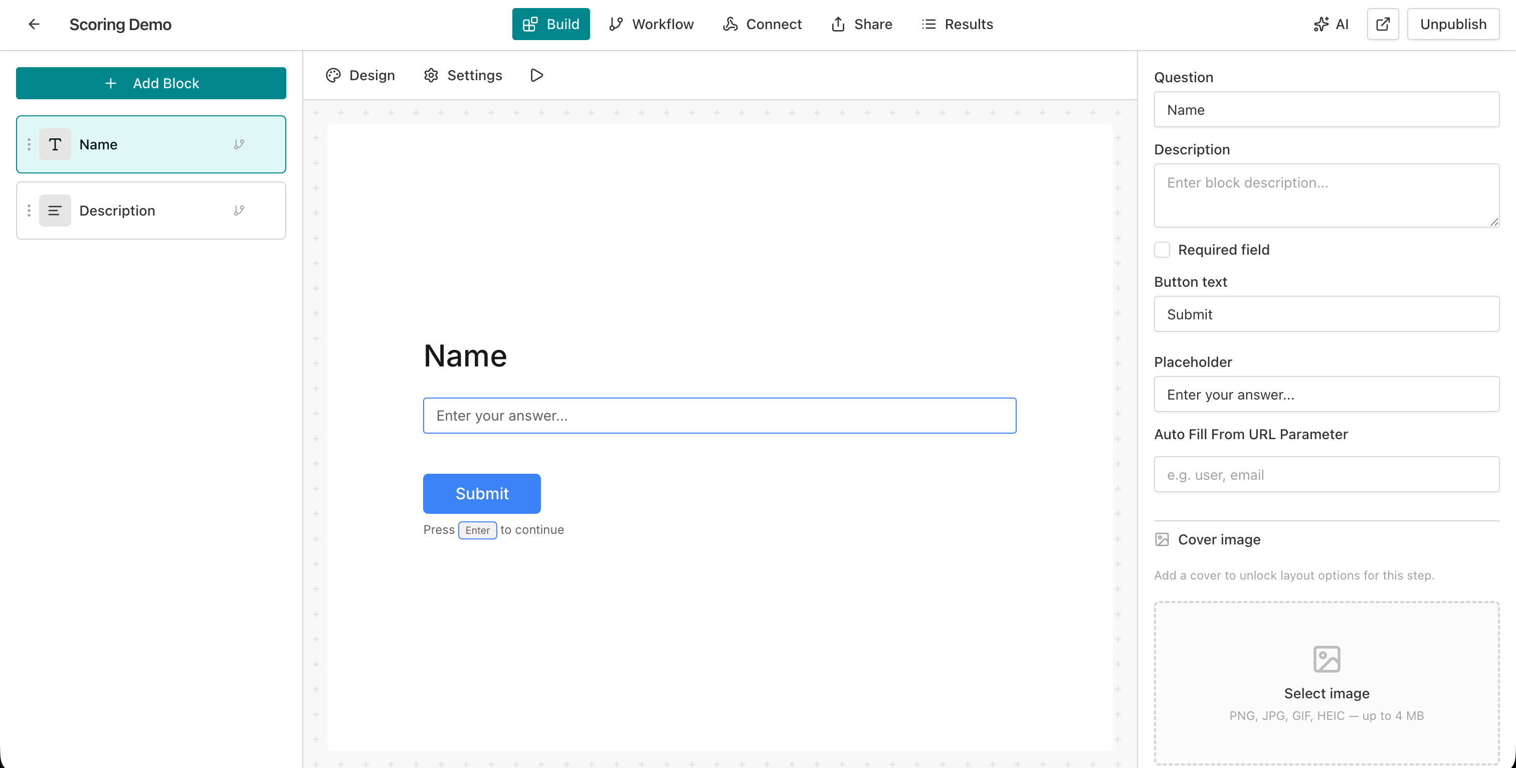AntForms form builder showing the Build tab with Name and Description blocks