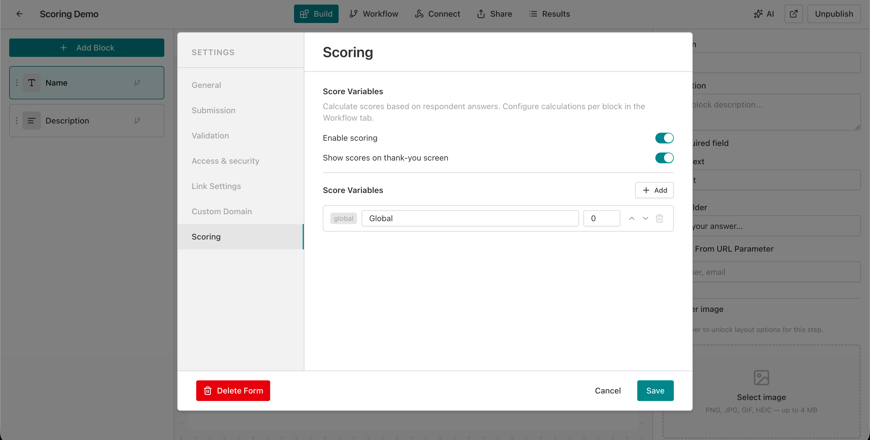 AntForms scoring settings panel with Enable scoring toggle and Score Variables section