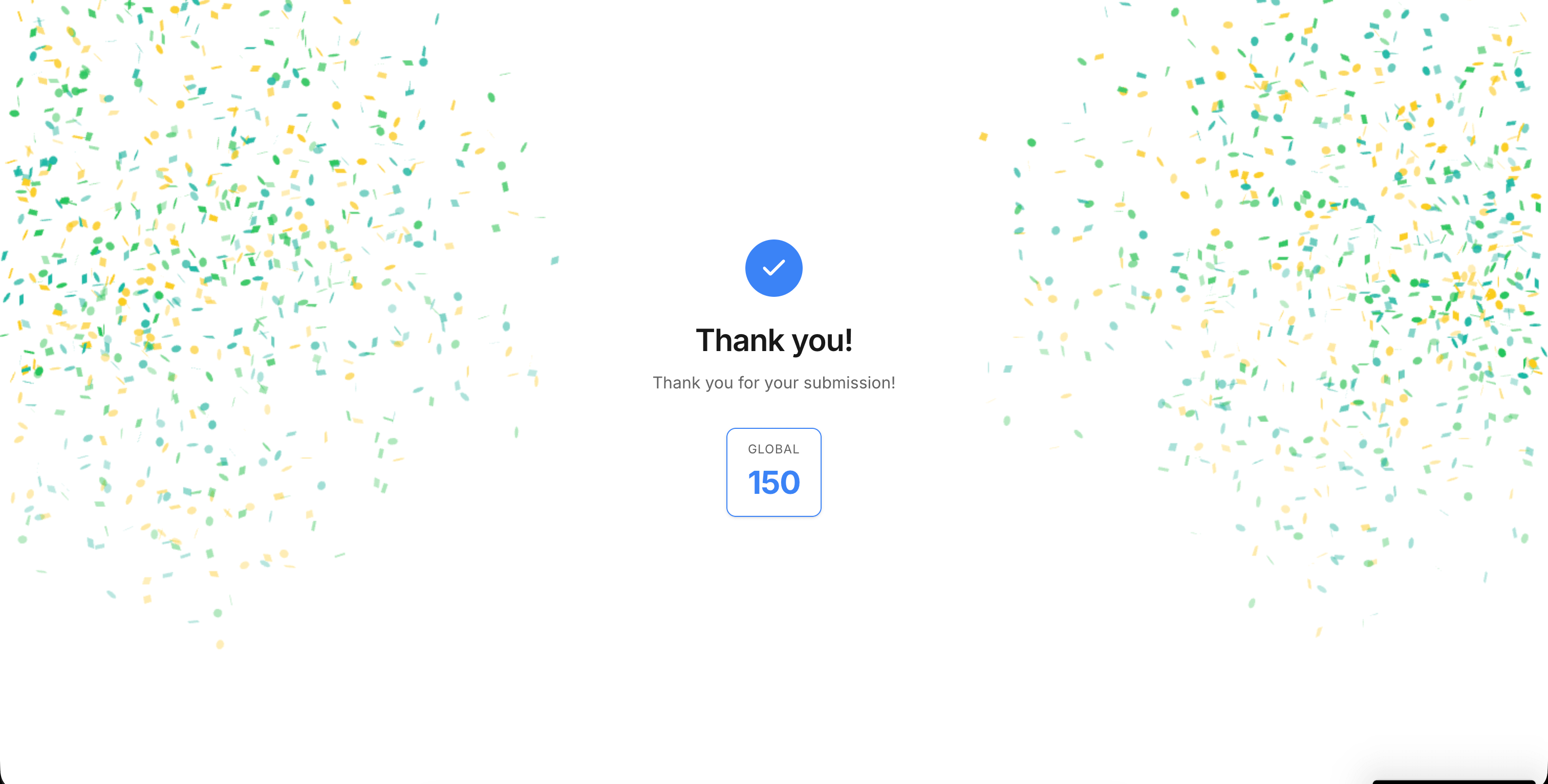 Thank-you screen showing Global score of 150 with confetti animation