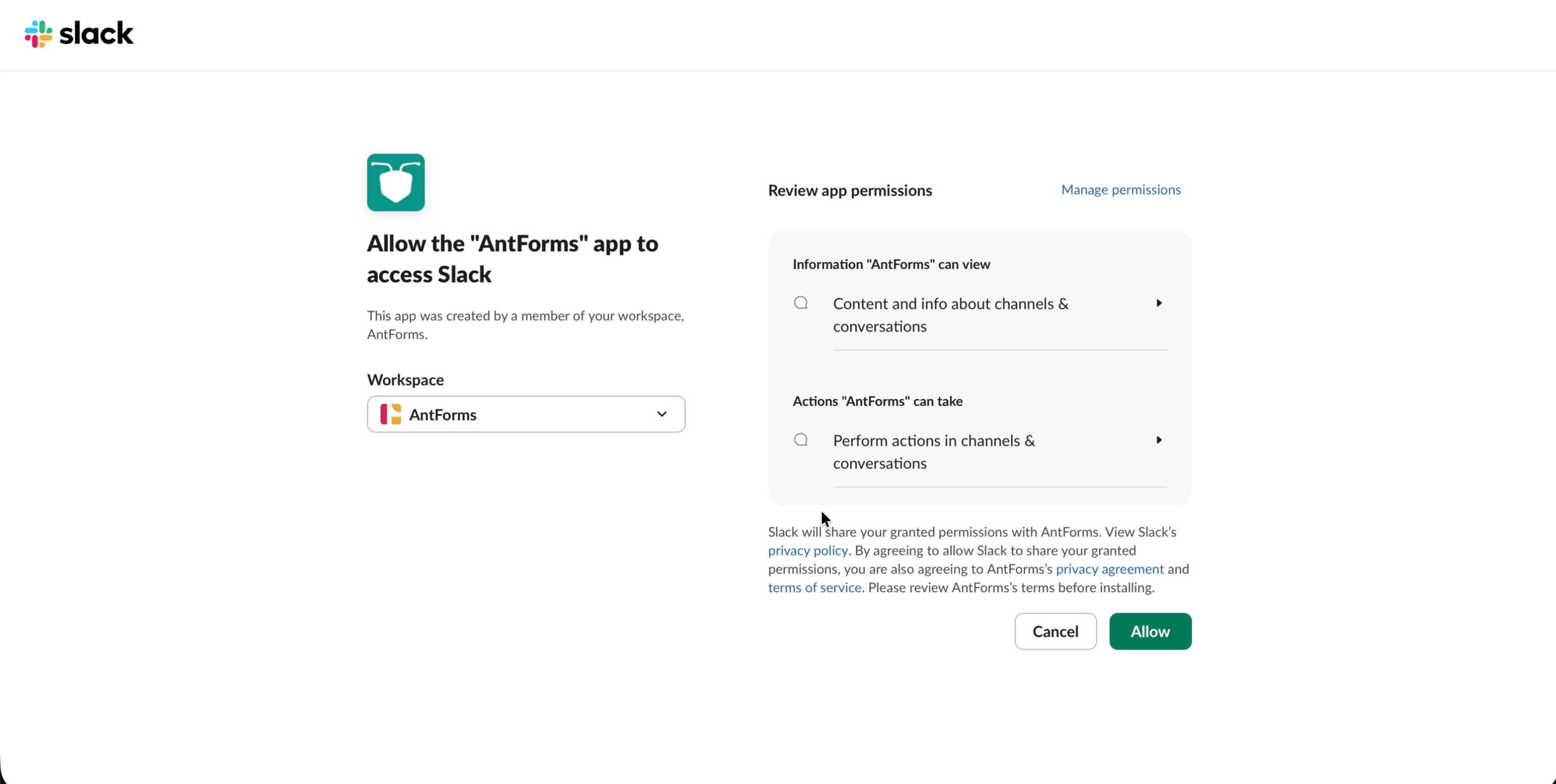 Select Slack Channel modal showing channel search field and public channels list including all-antforms, new-channel, and social