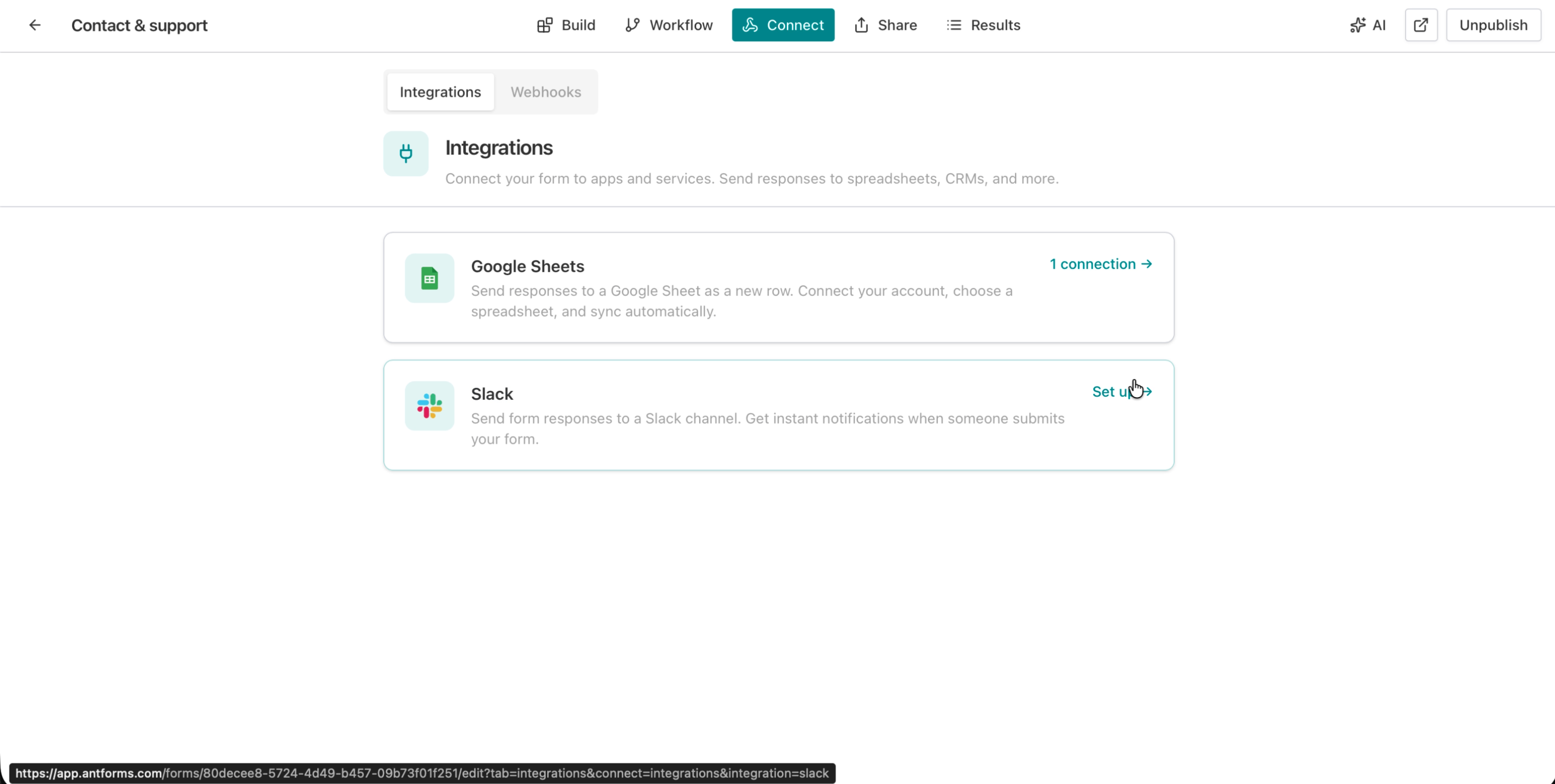 AntForms Slack detail page showing Connect Slack heading with Add to Slack button