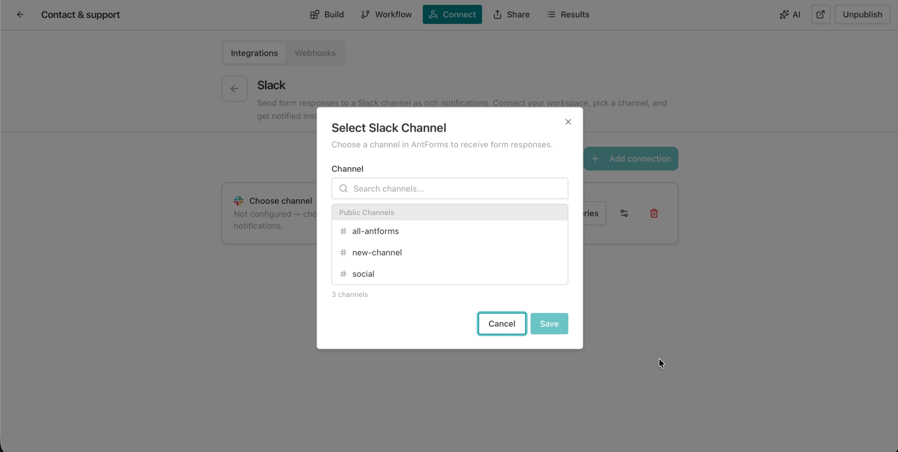 AntForms Slack connection showing social channel connected with ON toggle, View deliveries link, and green Slack channel saved confirmation toast