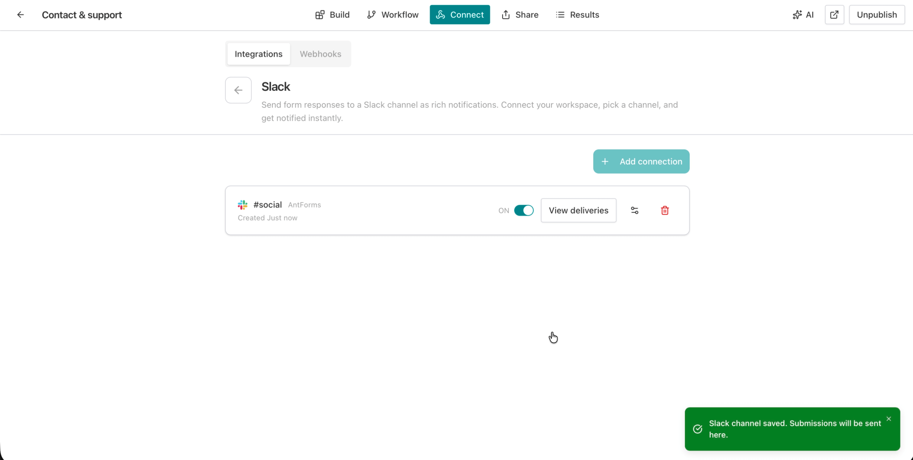 AntForms published form showing the Name field with Devashish entered as a test response
