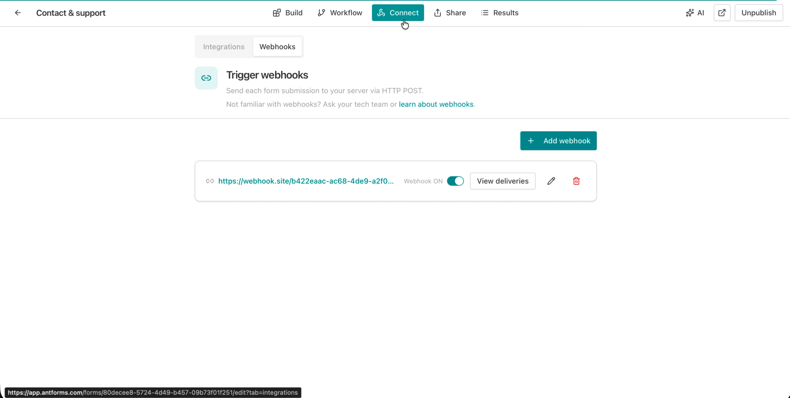 AntForms Integrations tab showing Google Sheets with 1 connection and Slack with Set up link