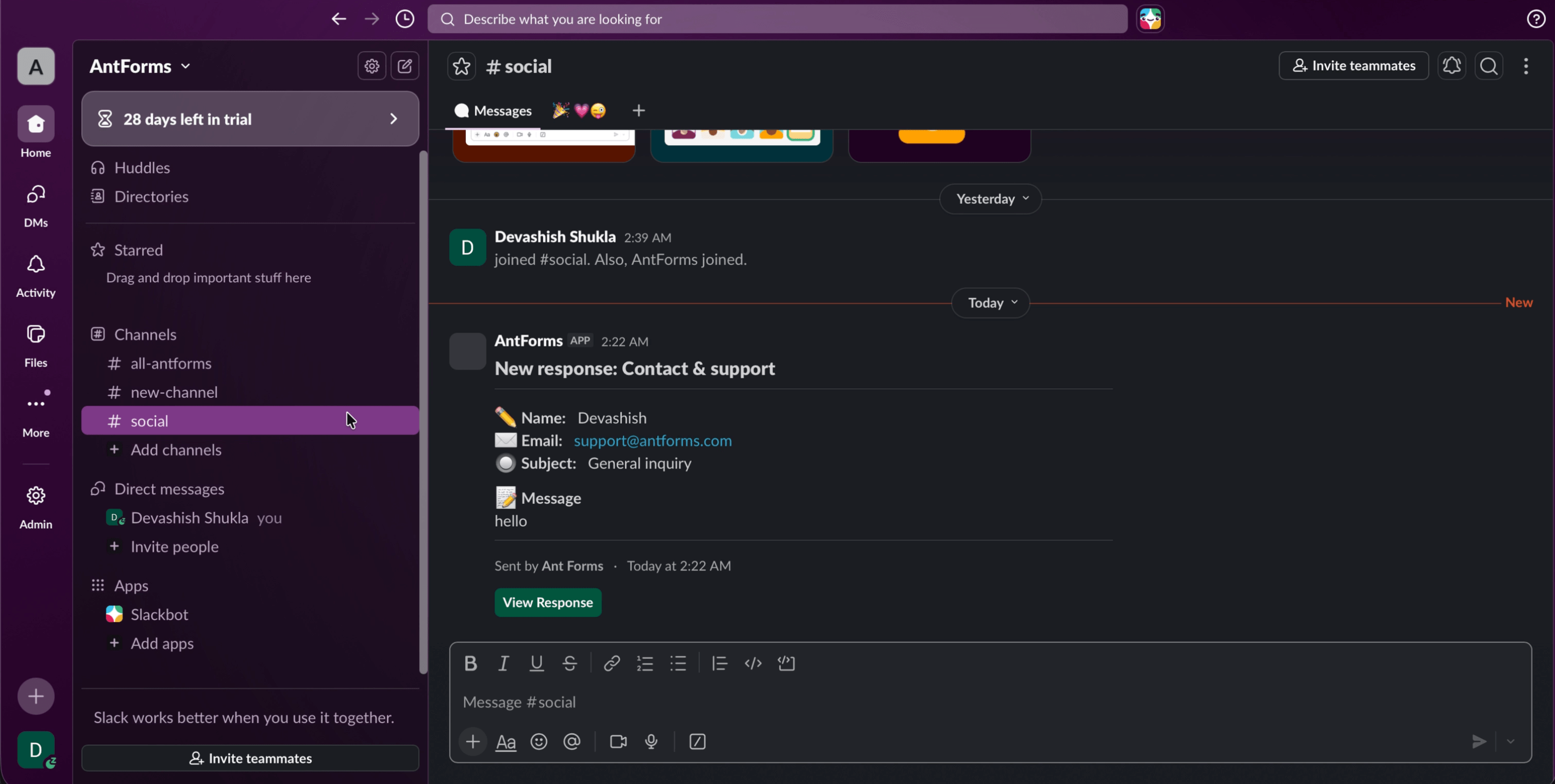 Slack social channel showing AntForms notification with New response Contact and support header followed by Name Devashish, Email, Subject General Inquiry, and Message fields with View It button