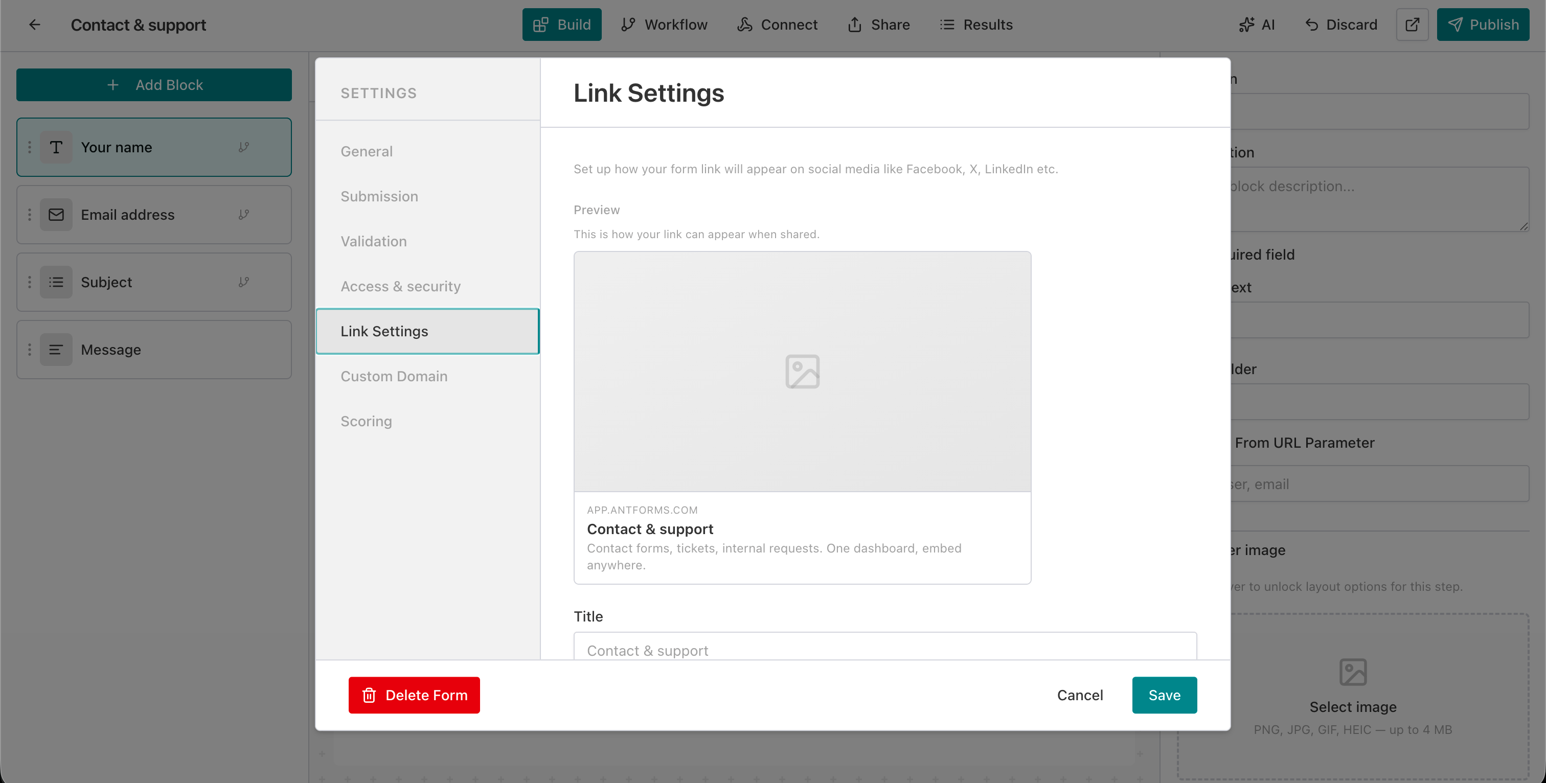 Link Settings panel with social preview card