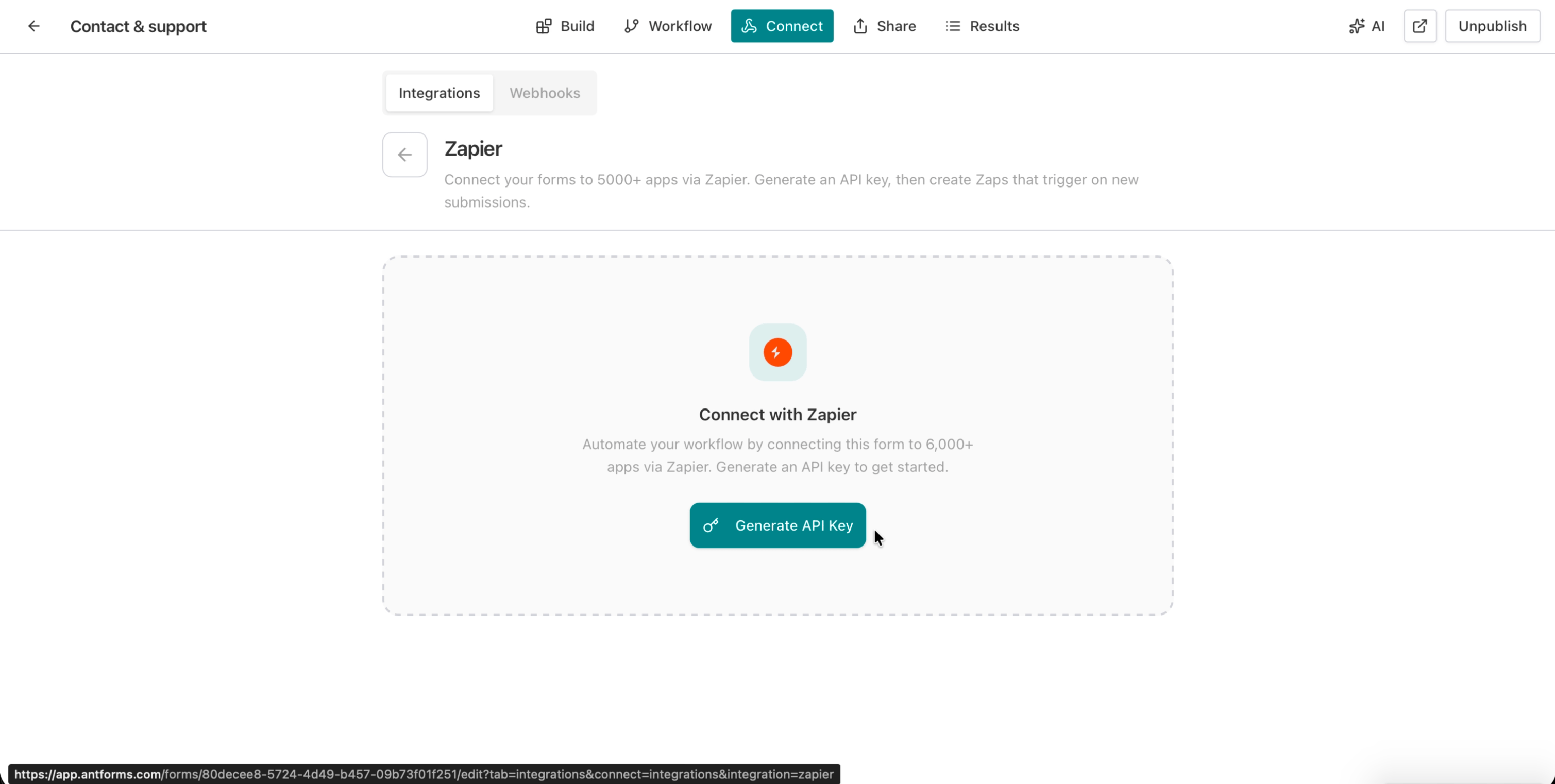 AntForms API Key Generated dialog showing the full key with copy button and Store this key securely warning