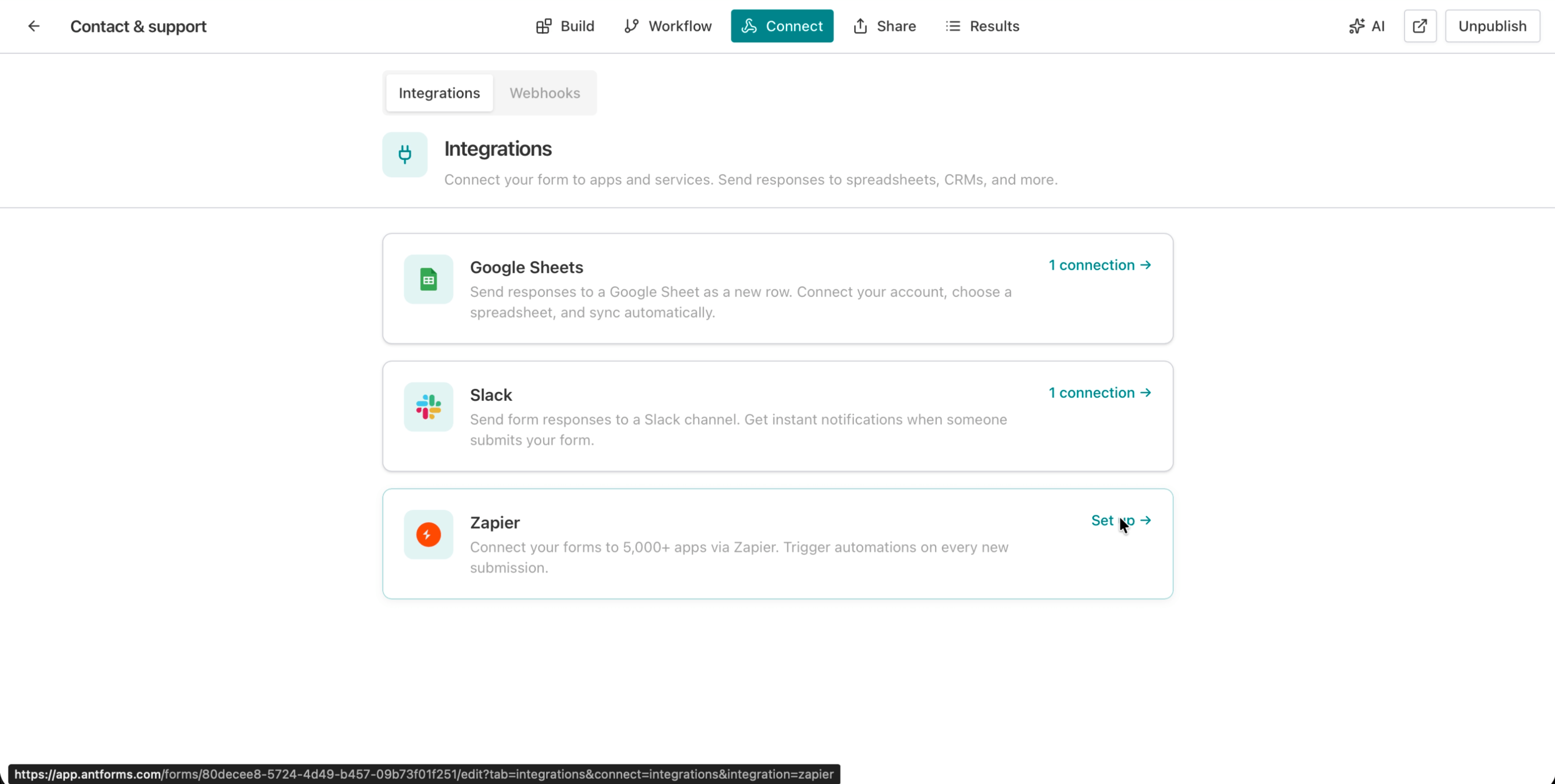 AntForms Zapier detail page showing Connect with Zapier heading and Generate API Key button