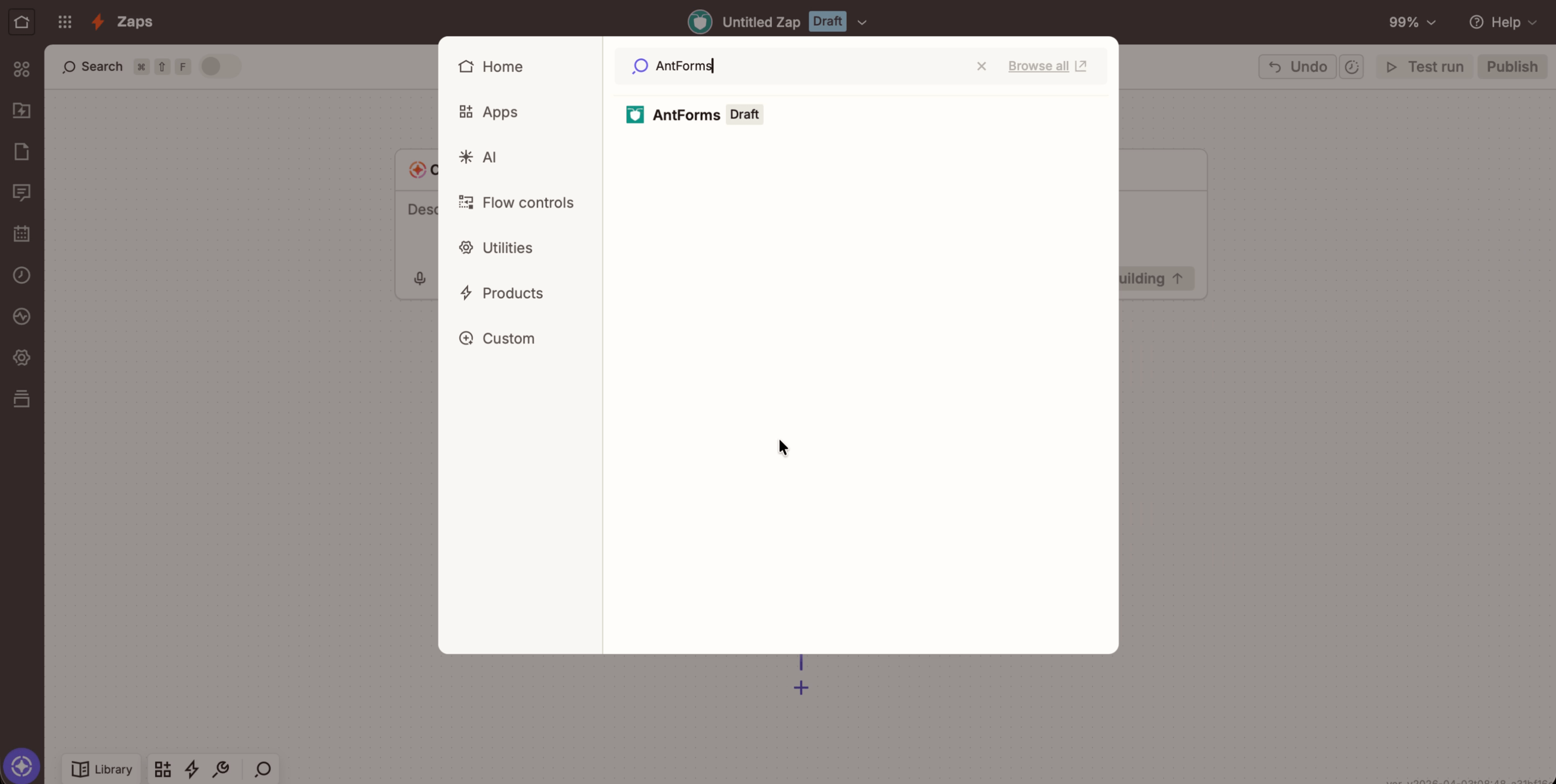 Zapier Select value for Form modal showing available AntForms forms including Contact and support, Cover Image GIF, and Cover Image