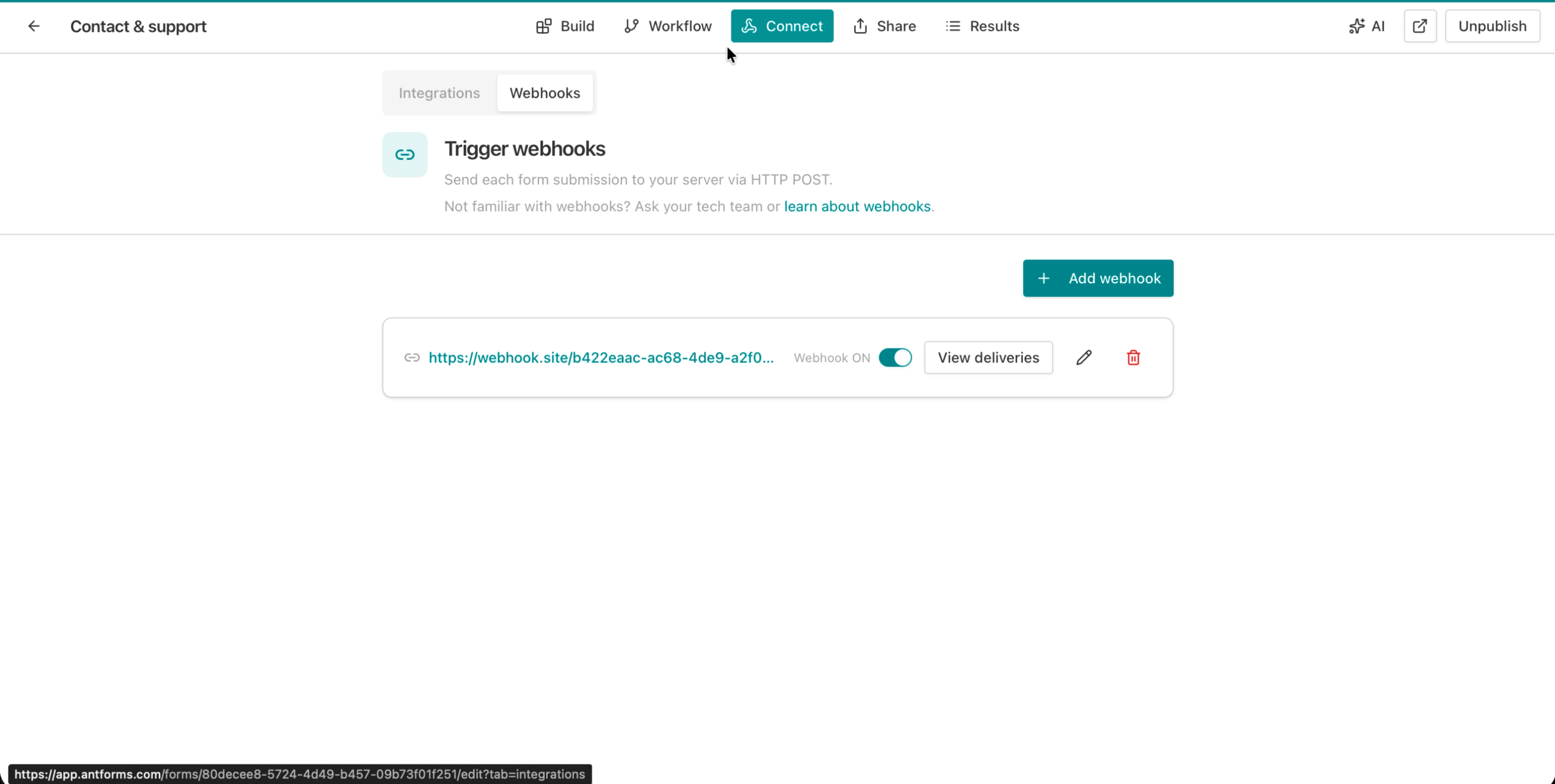 AntForms Integrations tab showing Google Sheets with 1 connection, Slack with 1 connection, and Zapier with Set up link