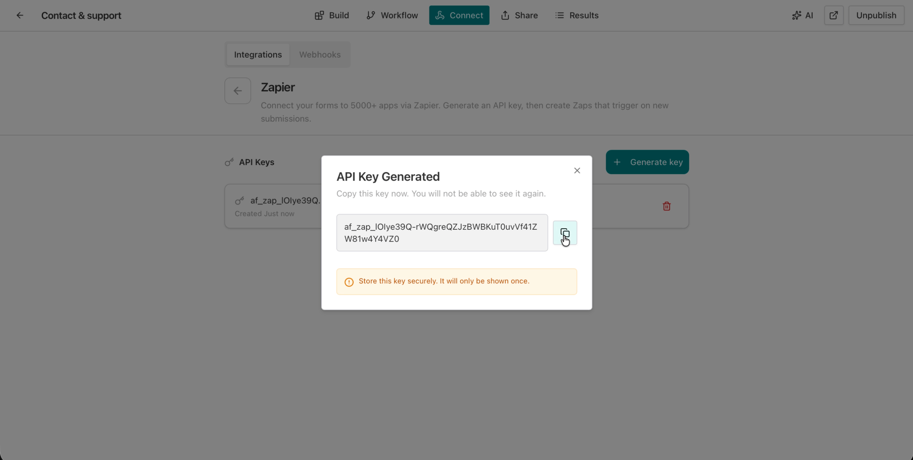 Zapier editor showing AntForms selected as the trigger app with Select the event panel and Trigger event dropdown