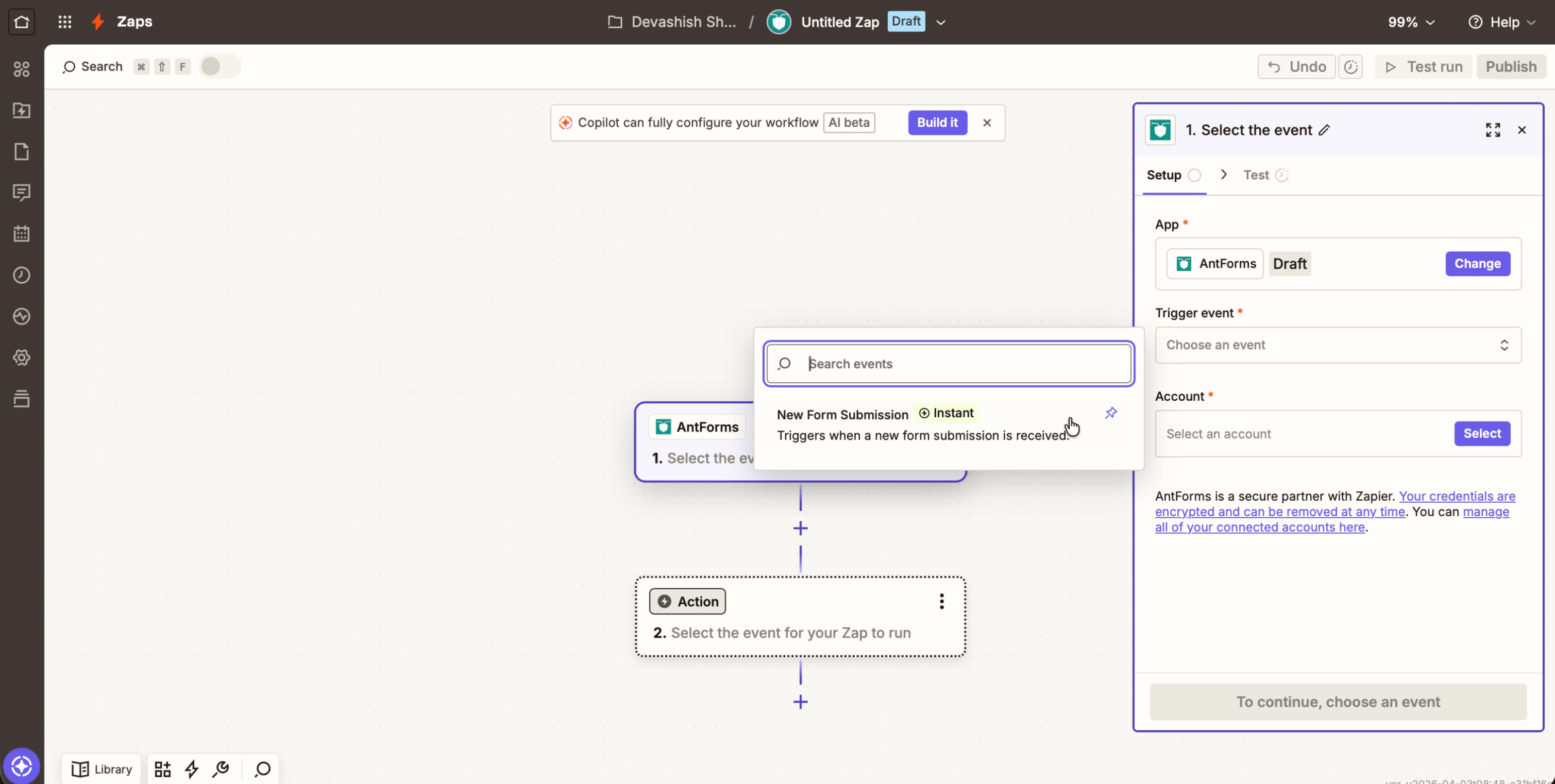Zapier Test tab showing Test your trigger prompt with Test trigger button for AntForms New Form Submission