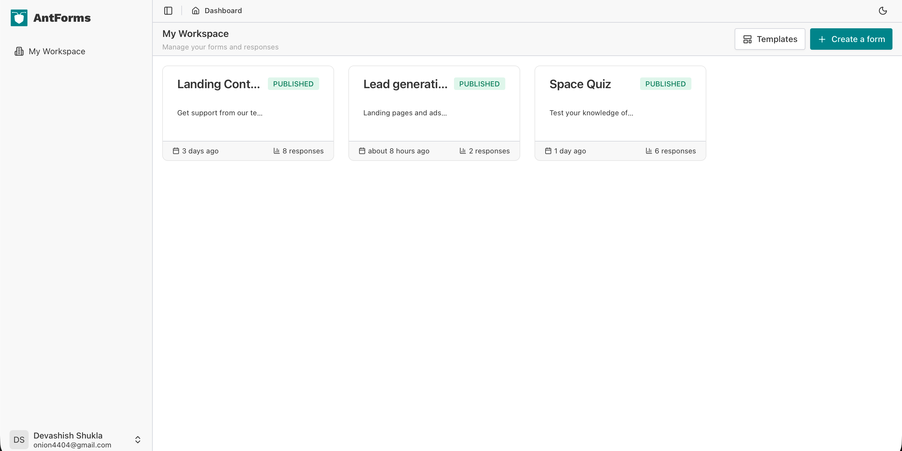 Form dashboard with Templates and Create a form buttons