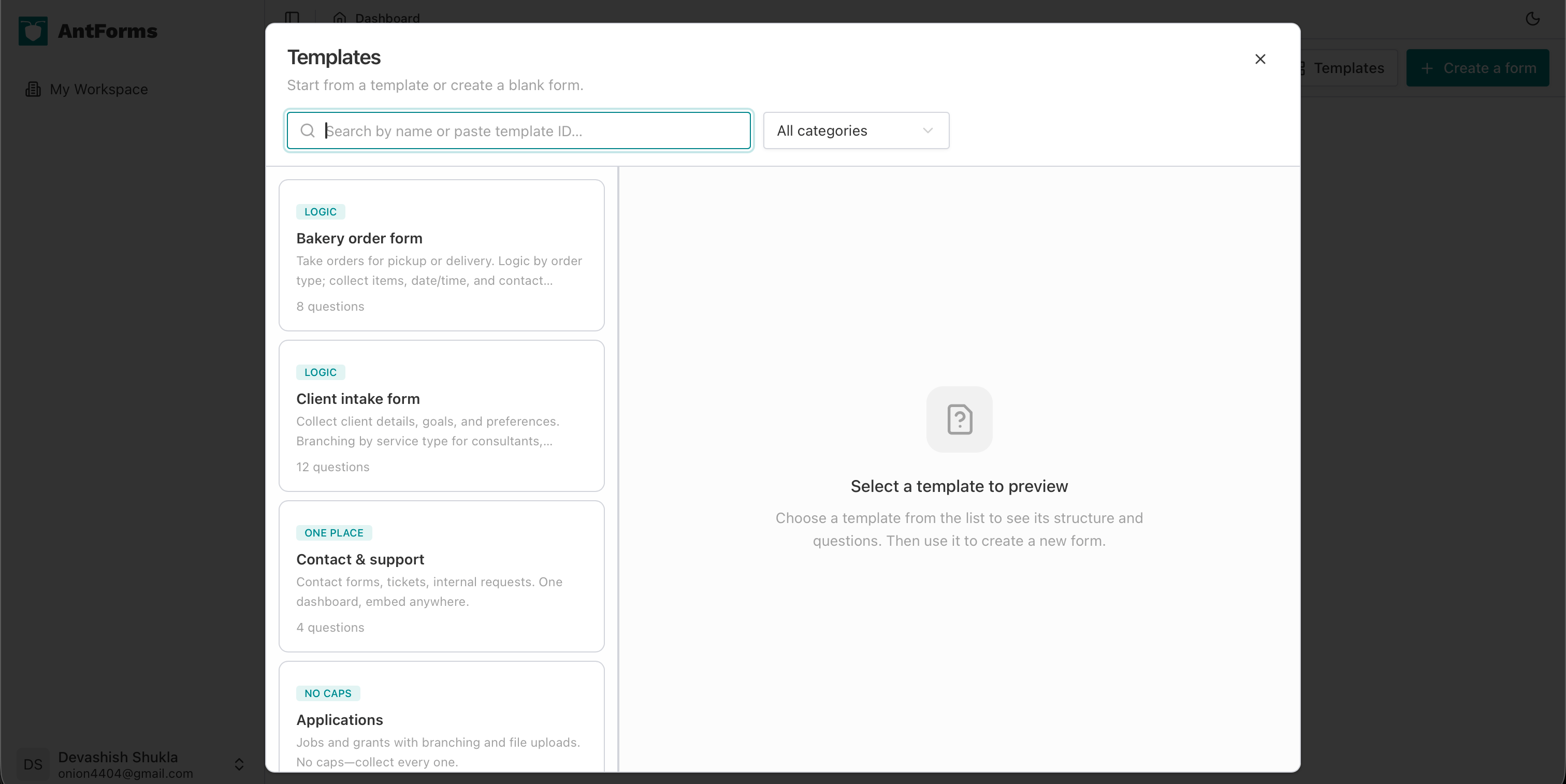 Templates modal with category filter and template cards