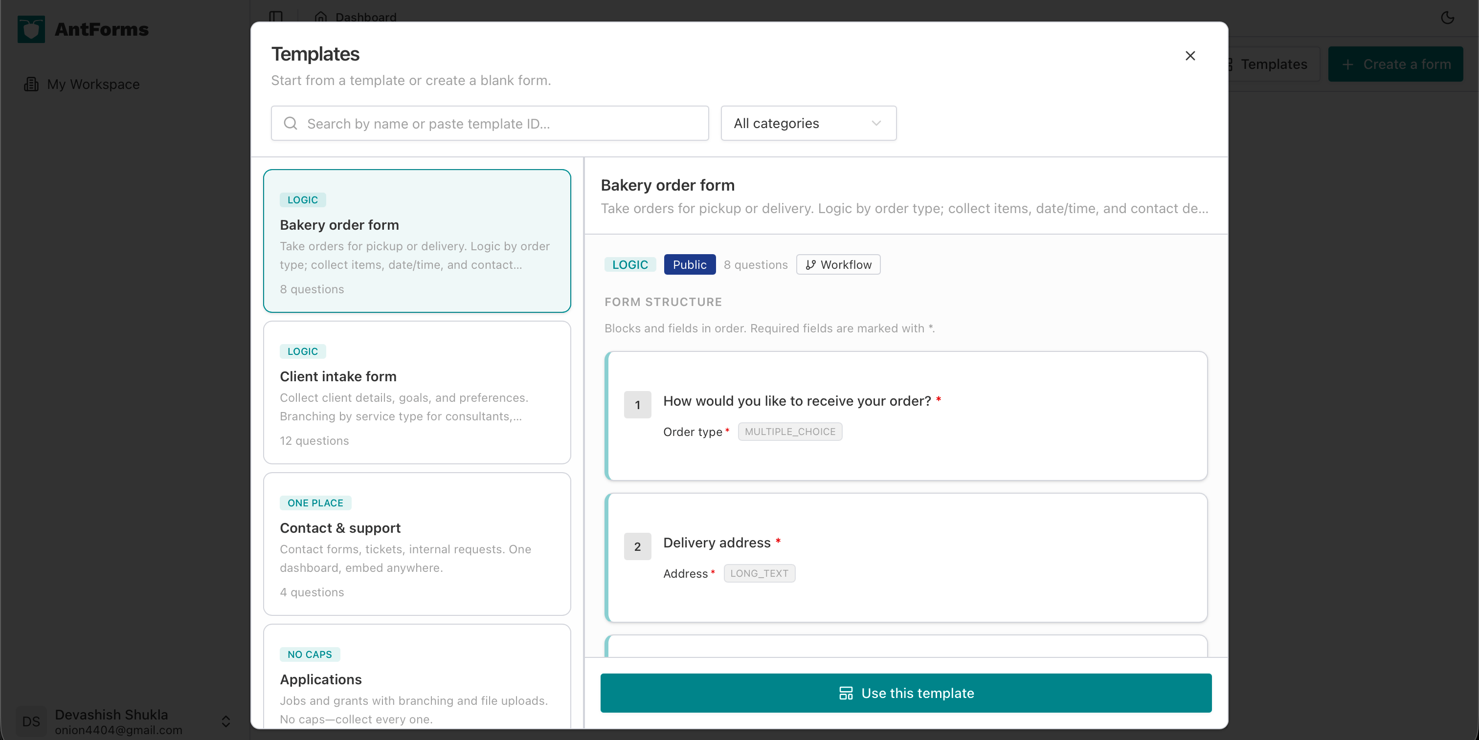 Template detail with blocks and question list