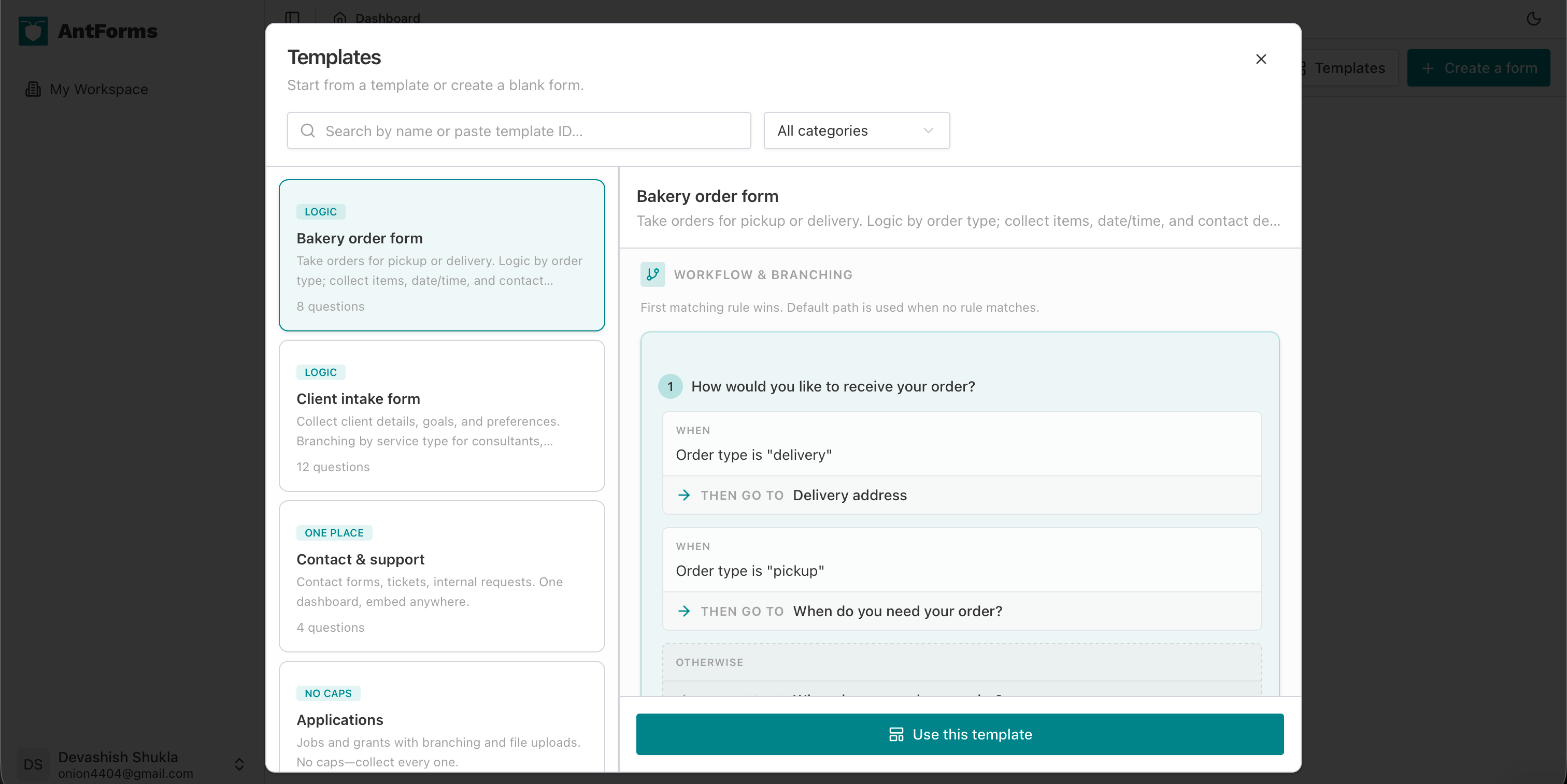 Workflow and branching section showing when/then rules