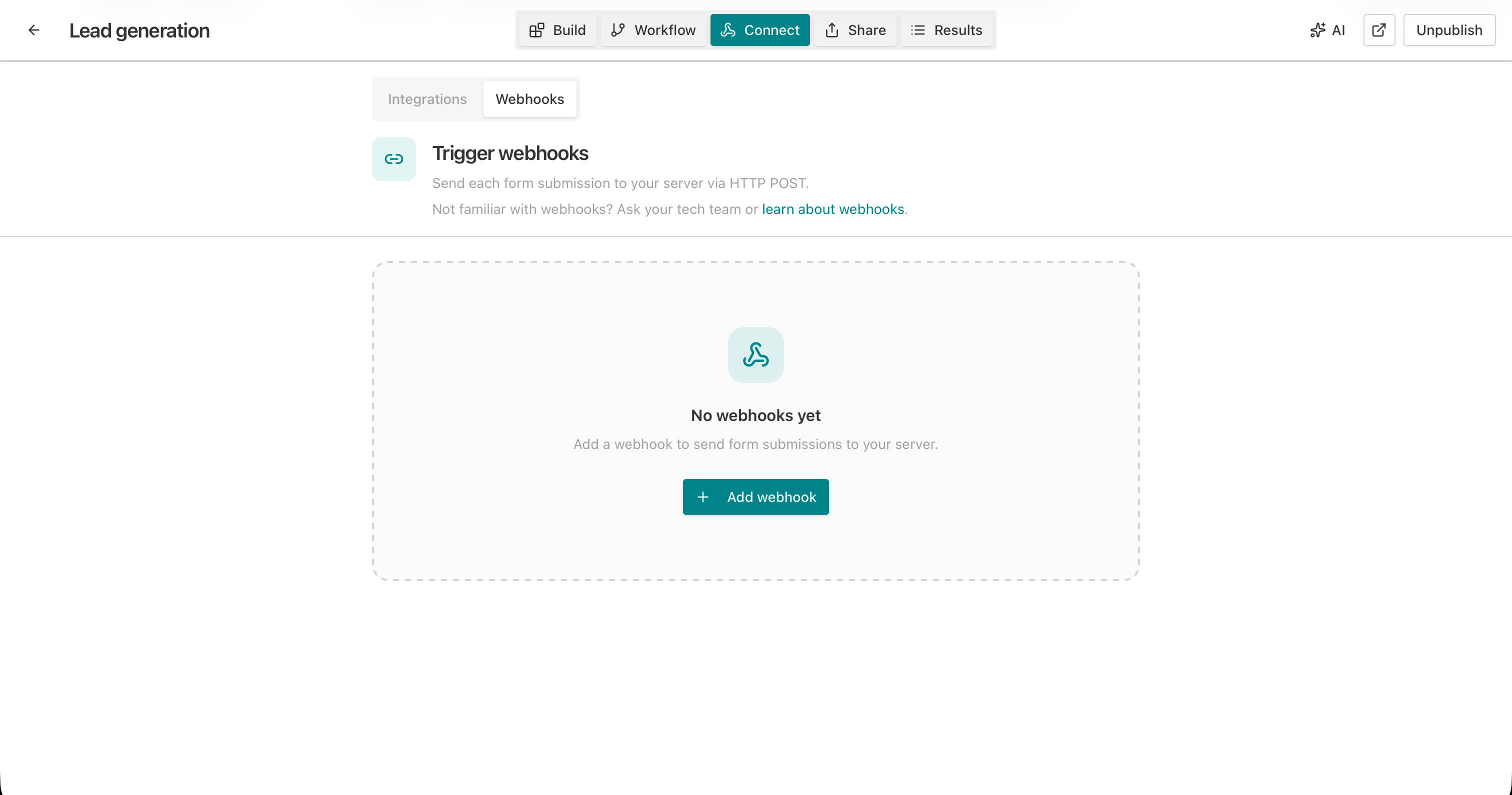 Connect tab with Webhooks option