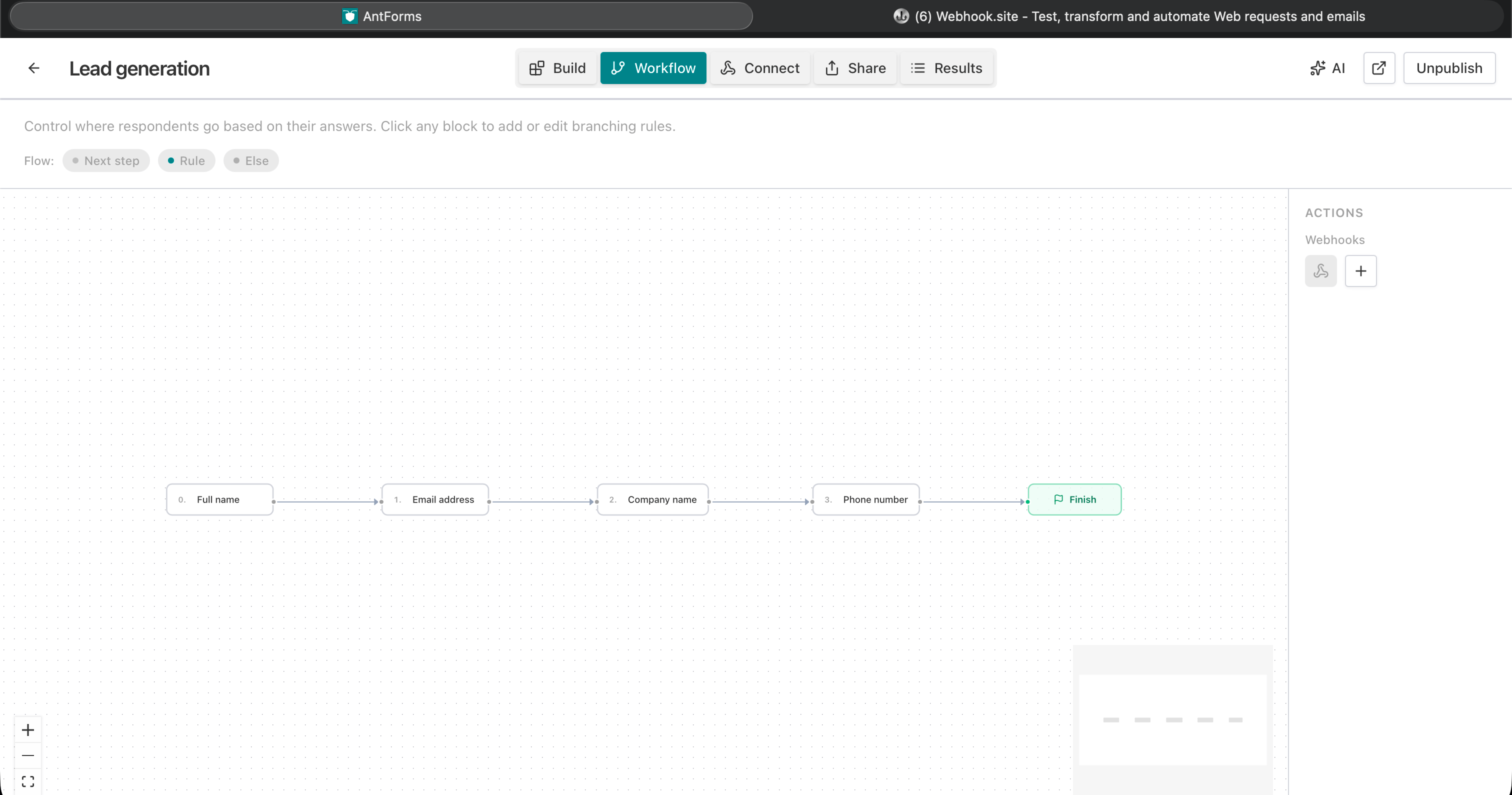 Webhooks list and workflow view