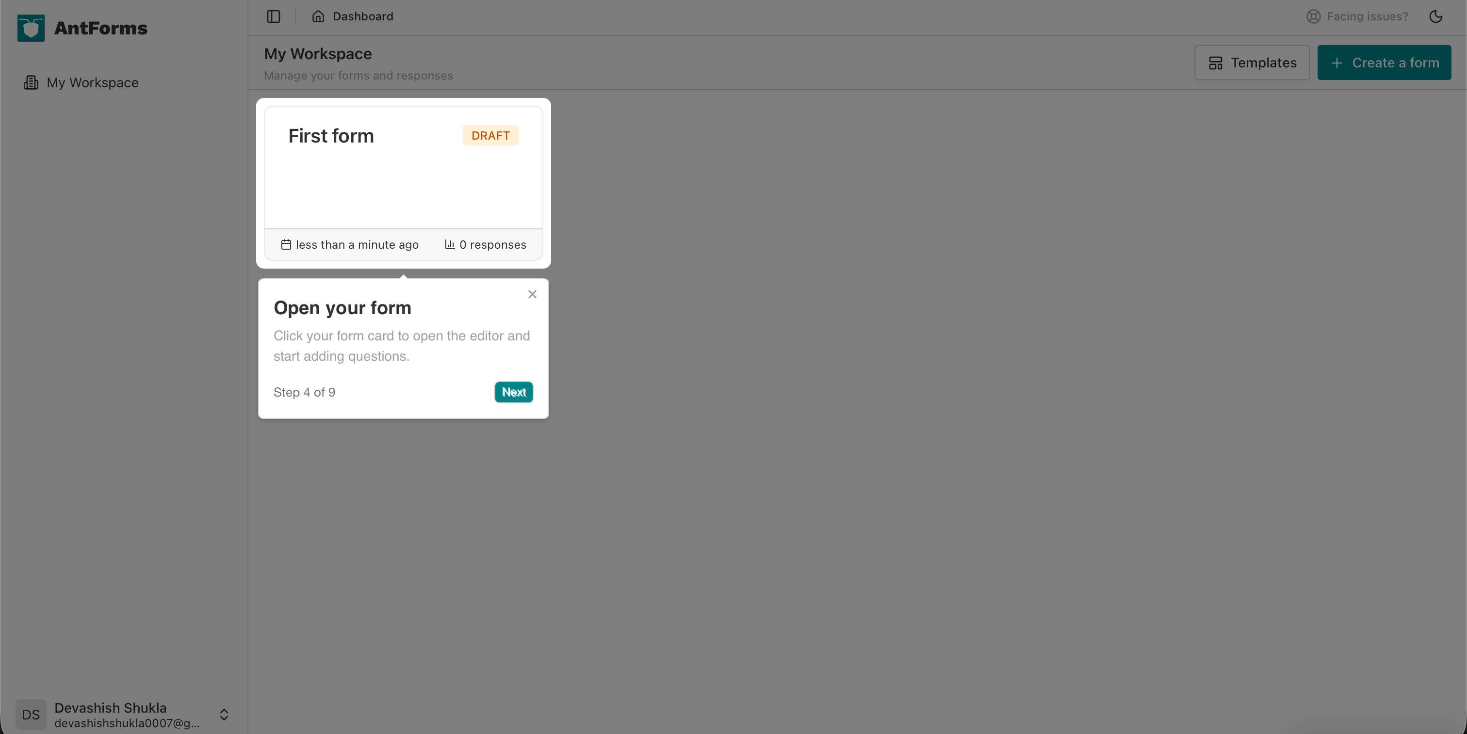 AntForms Step 4 of 9: Click your form card to open the editor
