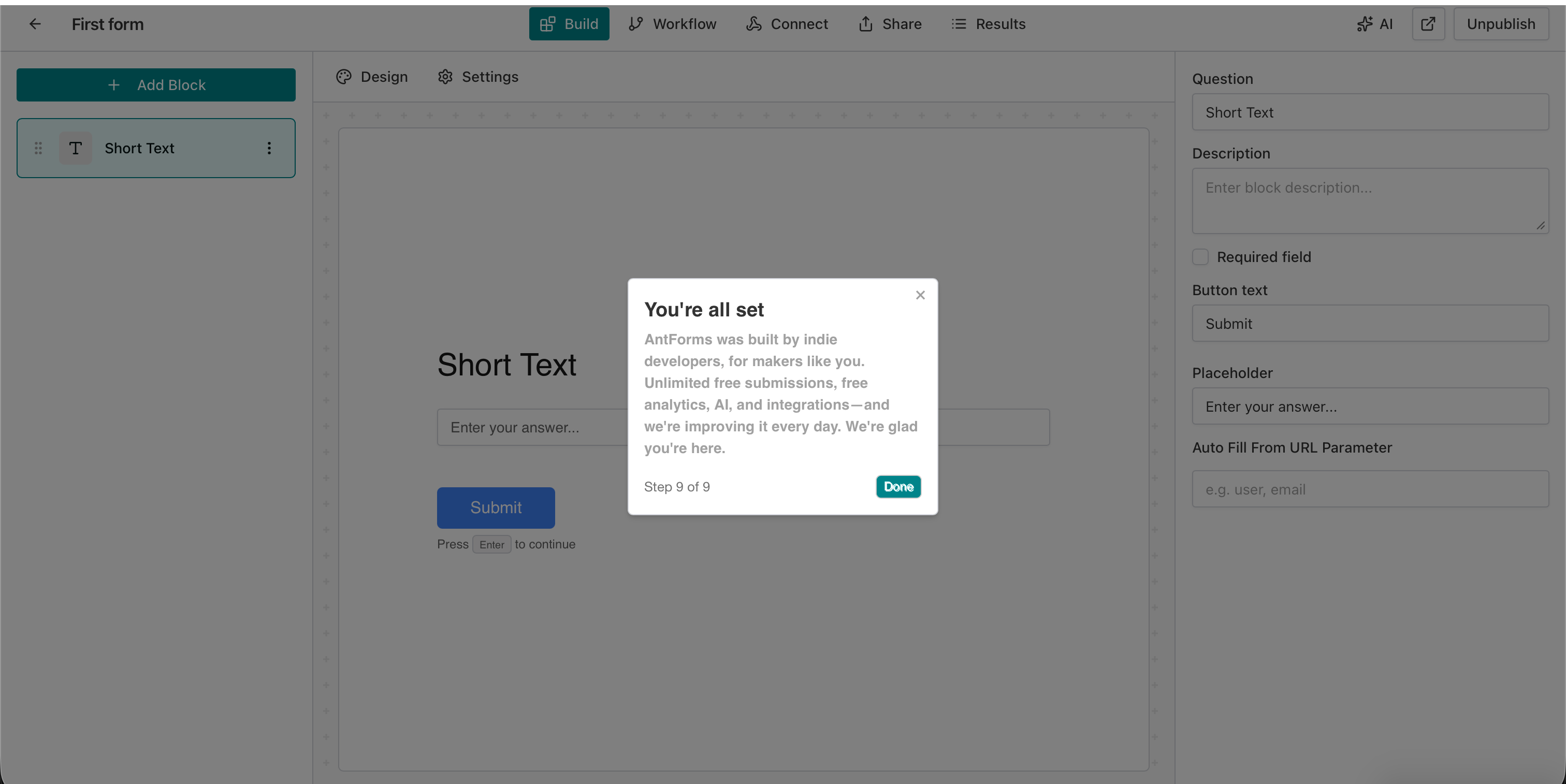 AntForms Step 9 of 9: You're all set — onboarding complete