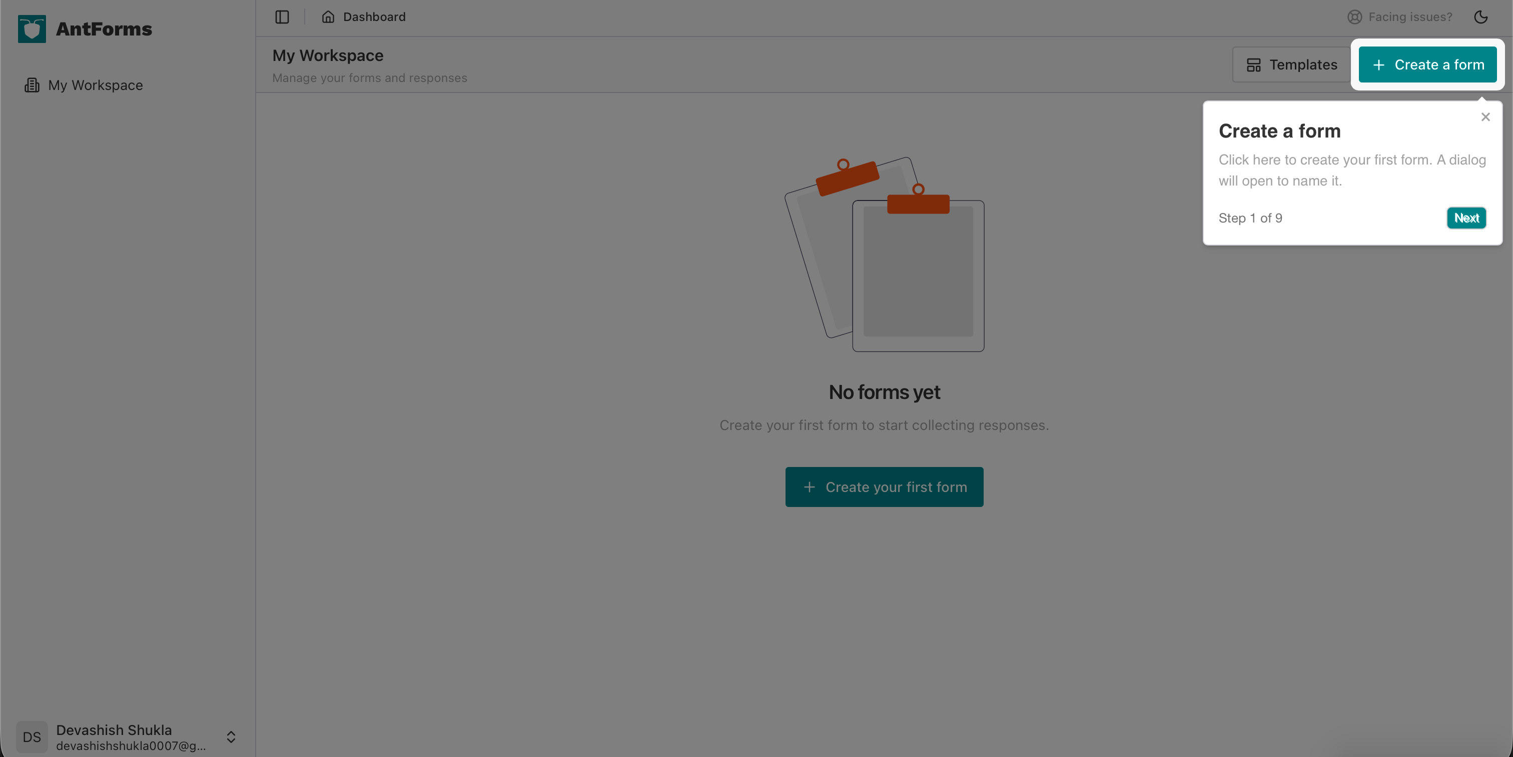 AntForms welcome dialog: Create your first form in a few steps